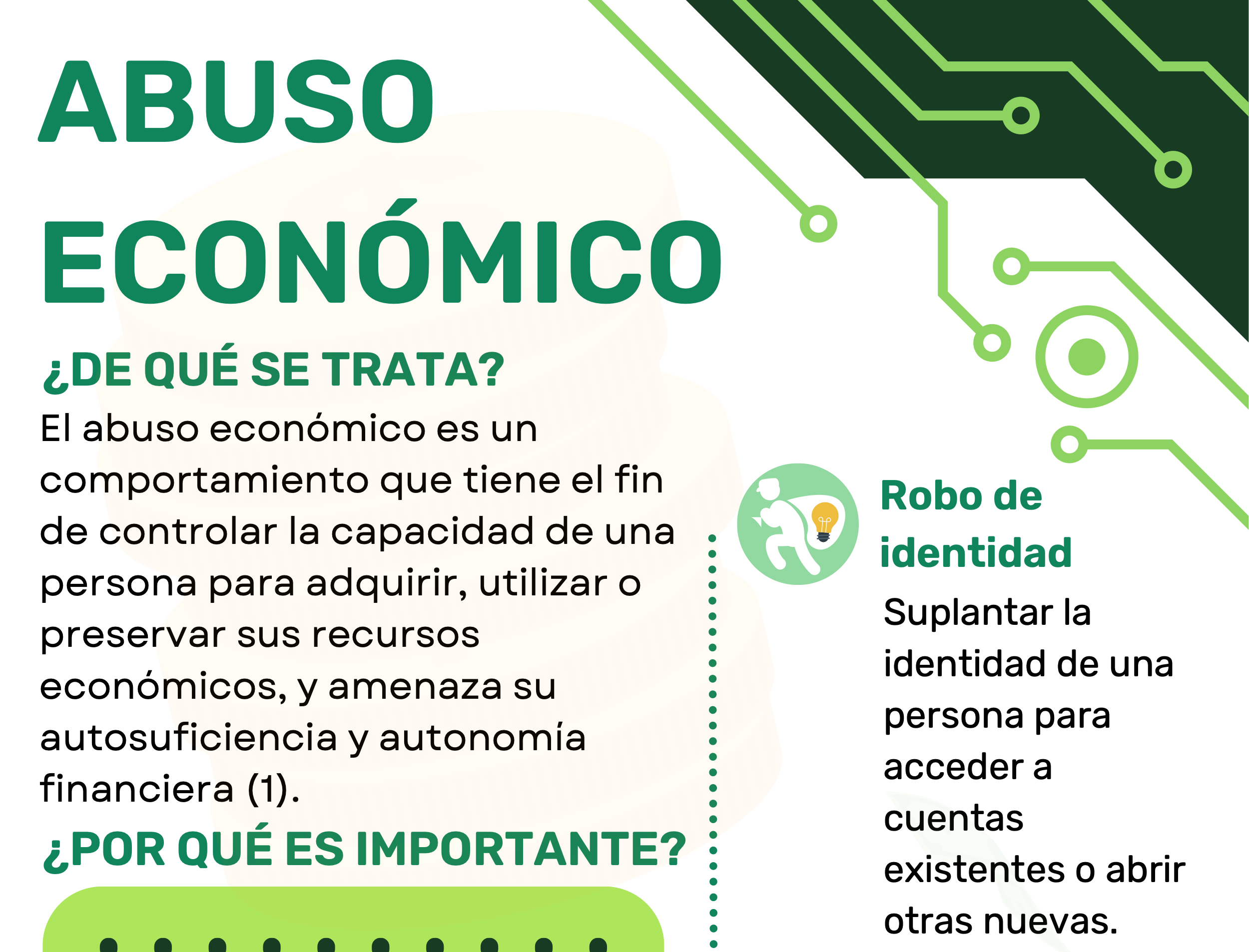 El abuso económico es un comportamiento que tiene el fin de controlar la capacidad de una persona para adquirir, utilizar o preservar sus recursos económicos, y amenaza su autosuficiencia y autonomía financiera (1).