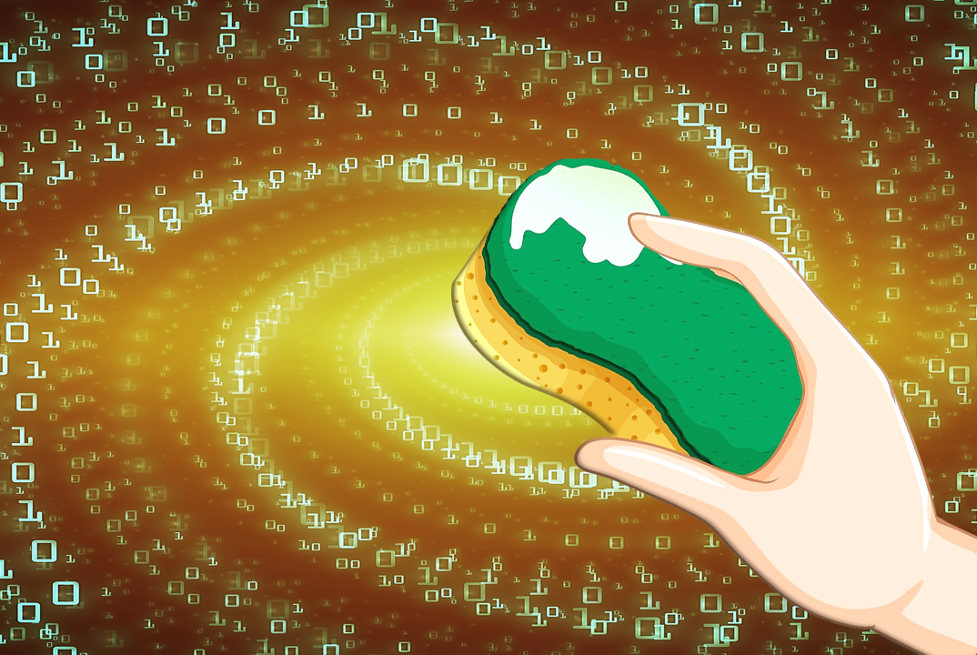 A light-skinned hand holds up a soapy sponge against a background of a green, brown, and yellow whirpool of 1s and 0s