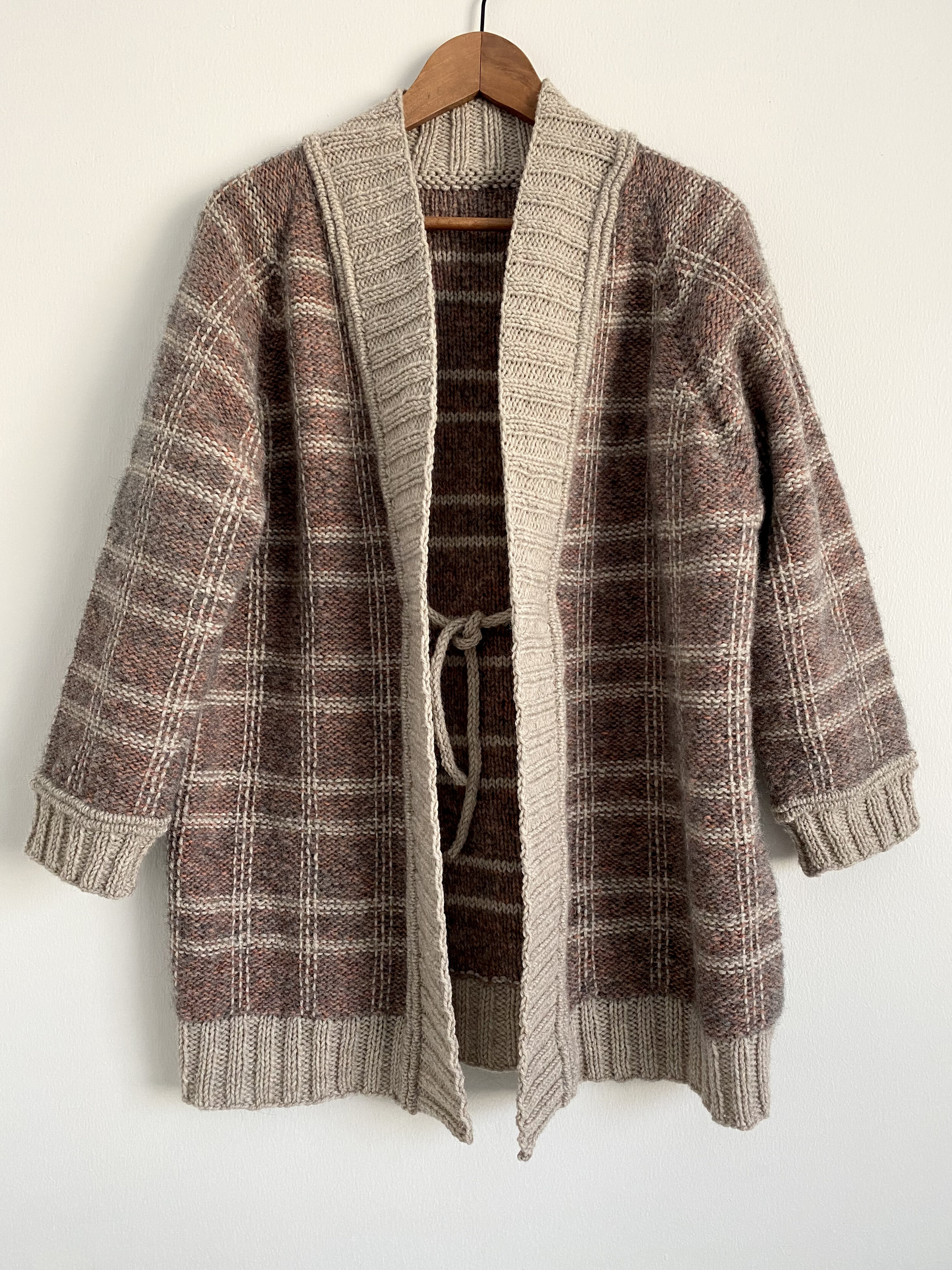 Front view of Synthesis Cardigan and ties, after embroidery.