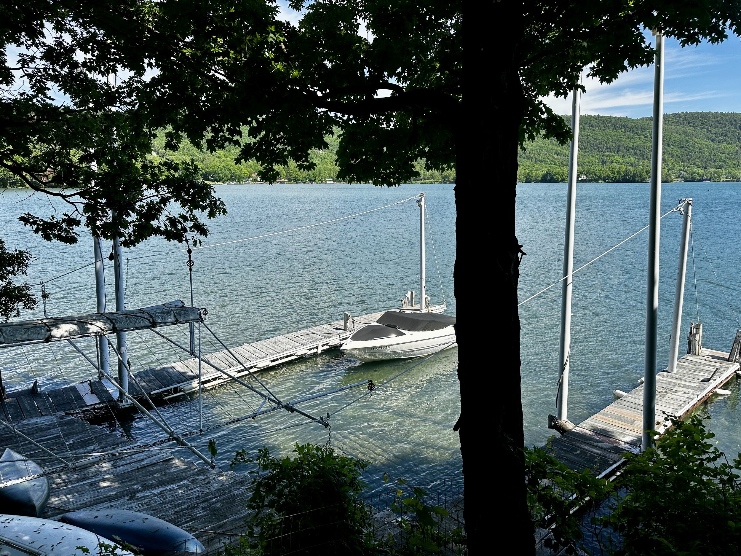 A tranquil lakeside scene with boats docked at a wooden pier, shaded by lush green trees, with hills in the background and a clear blue sky.