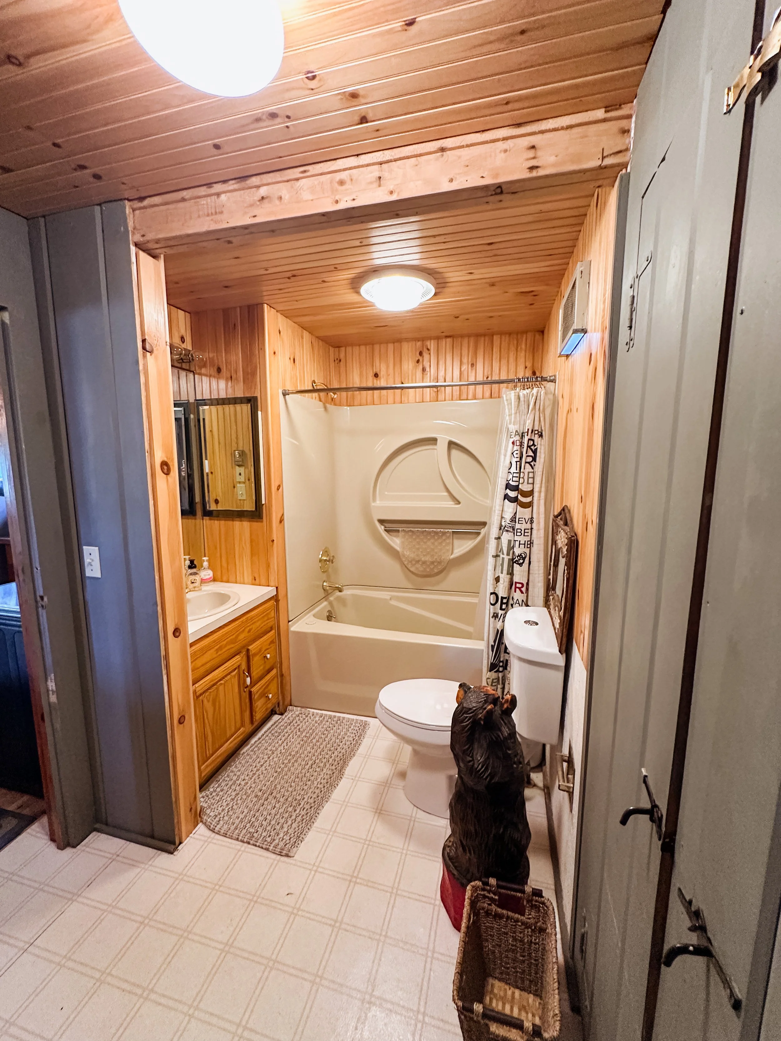 A small bathroom with wood-paneled walls and ceiling, containing a sink with a mirror on the left, a bathtub with a shower curtain on the right, a toilet with a dog sitting in front of it, and various storage baskets and cabinets. The ceiling has two