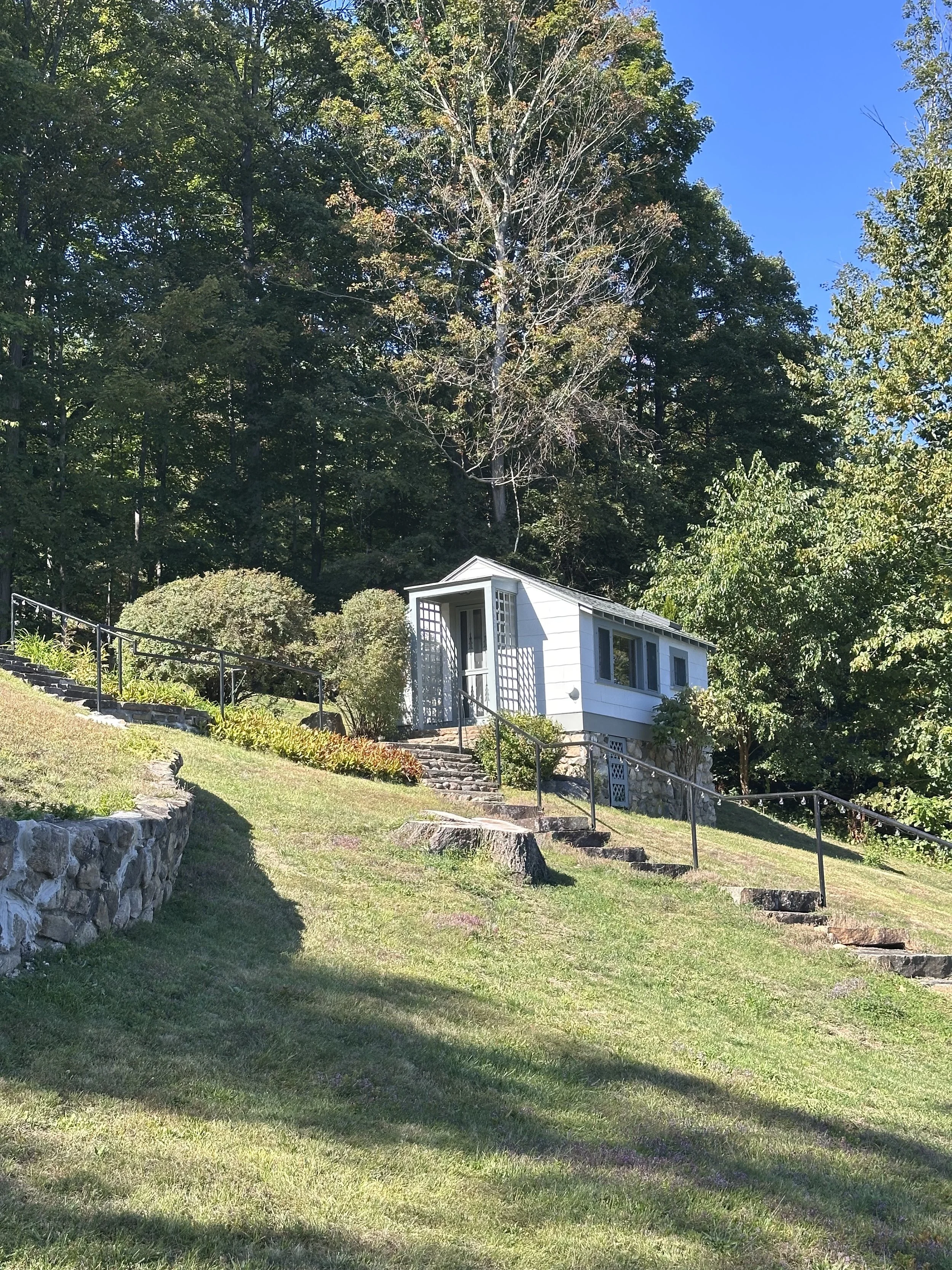 A small white house near the top of a grassy, sloped yard, surrounded by trees with some leafless branches, under a clear blue sky.