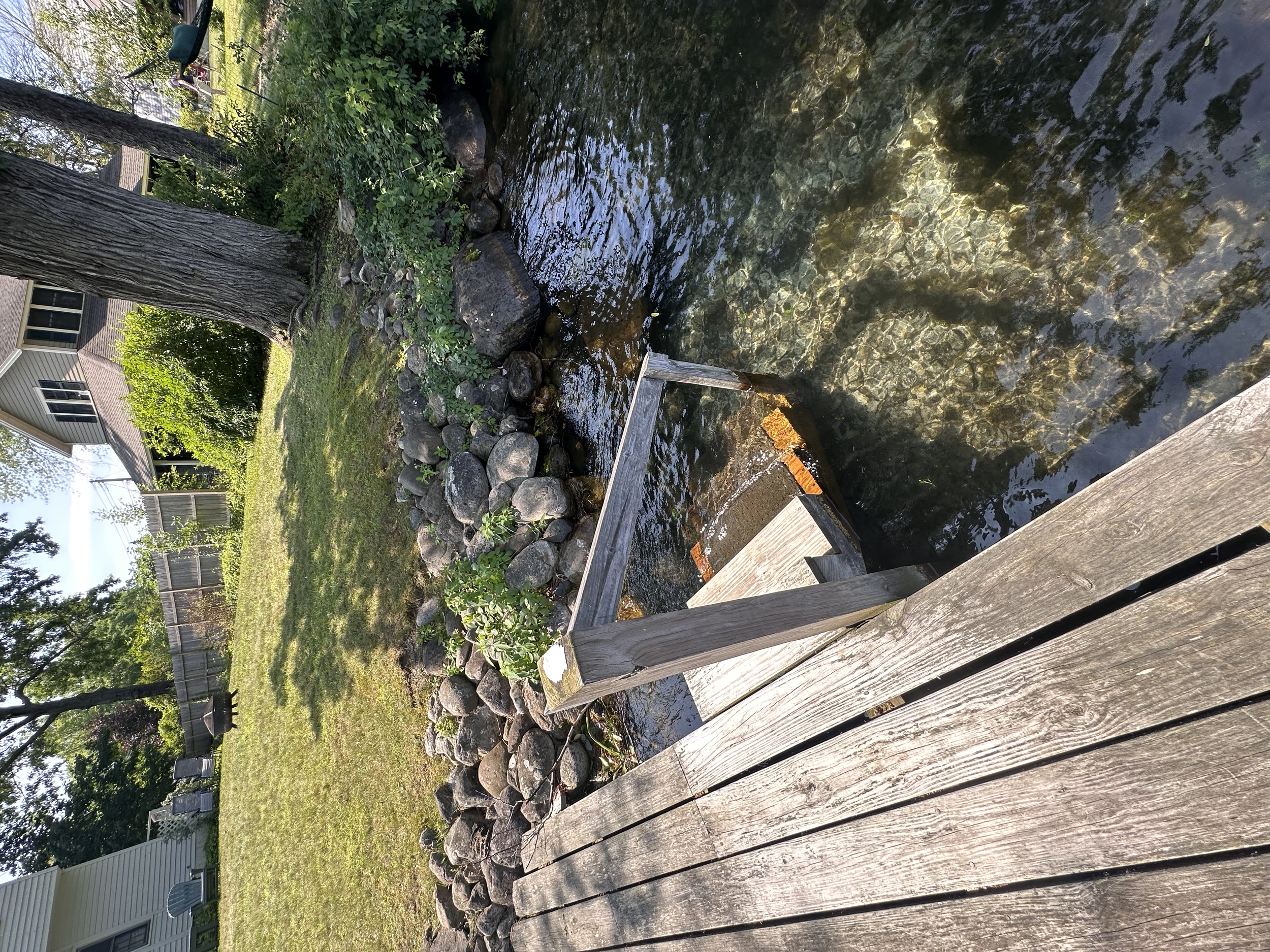 Backyard with a small river or stream flowing past a wooden deck, rocks lining the edge, a large tree, green grass, bushes, and neighboring houses visible in the background.
