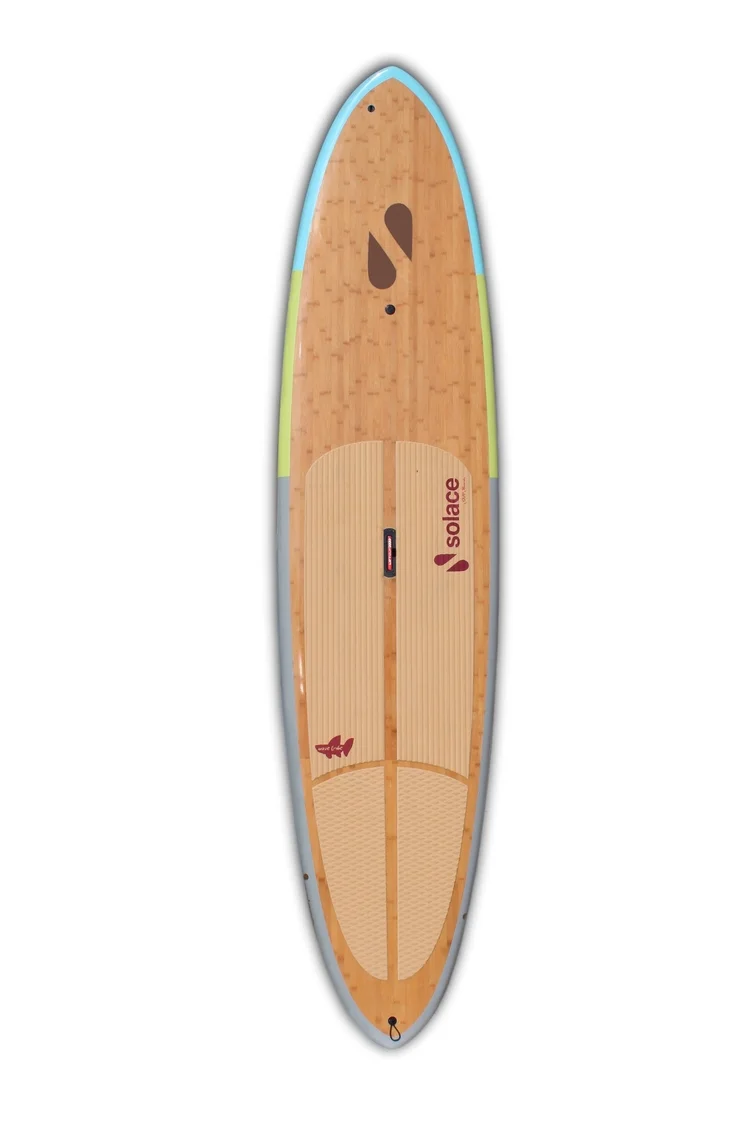 The Regatta is Solace SUP Board's most popular stand up paddle board with its classic outline shape and extra stability. This bamboo board is a great all around choice. The round pintail and hard rail shape allows this larger board to maneuver as if it was a foot smaller. The dimensions of this popular, all-around shape have really proven to be that one board solution that would allow you to throw a cooler on it to go SUP fishing one day and then learn to surf some ankle to chest high waves the next. The innovative ProBox Hawaii fin system gives that full adjustability to position all your fins forward or backward to set just the way you like them. You are also able to interchange any FCS style fins and ProBox fins made by Larry Allison. Just as its name suggests, you’ll be having a party on the water in no time, no matter where you paddle. Adjustable 2 + 1 ProBox Hawaii fin system setup, 3 Custom Solace SUP bamboo glass fins, Comfortable Solace SUP ECO cork deck pad , Maintenance free air vent , Lift SUP patent pending retractable handle for easy carrying, GoPro camera mount, Bamboo reinforced deck for durability, Double leash cups, Single to double concaving creates a nice lift and acceleration, Curve rocker at the nose to help keep out of the water, Thinned out tail and nose for maneuverability Tech Specs: 11’6” x 32” x 4 1/2” 203 liters in volume 29 lbs Recommended for paddlers up to 225 lbs beginner + 30lbs for advanced