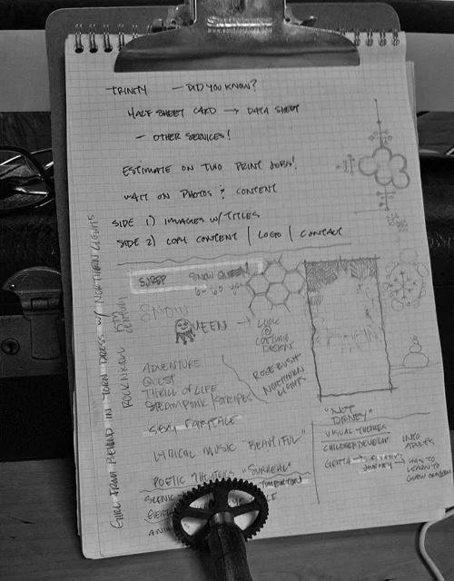 Notes and graphite doodles.