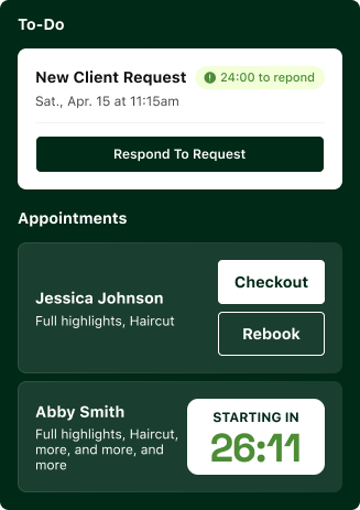 Mobile app interface showing to-do list with new client request, appointment details, and options to respond, checkout, or rebook, with a countdown timer for upcoming appointment.