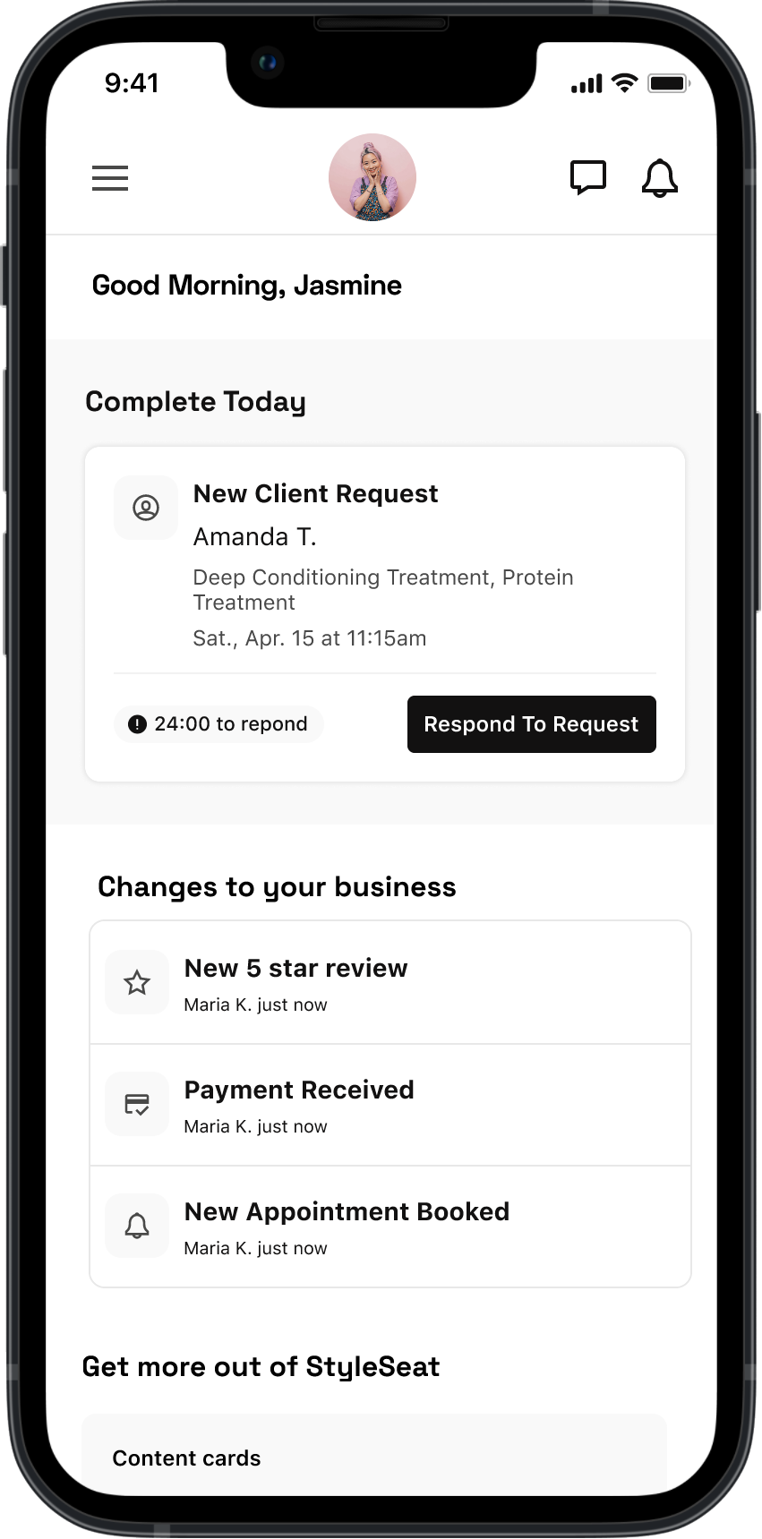Screenshot of a mobile app displaying a greeting to Jasmine, with sections for completing tasks today, handling client requests, and managing business updates, including reviews, payments, and appointments.