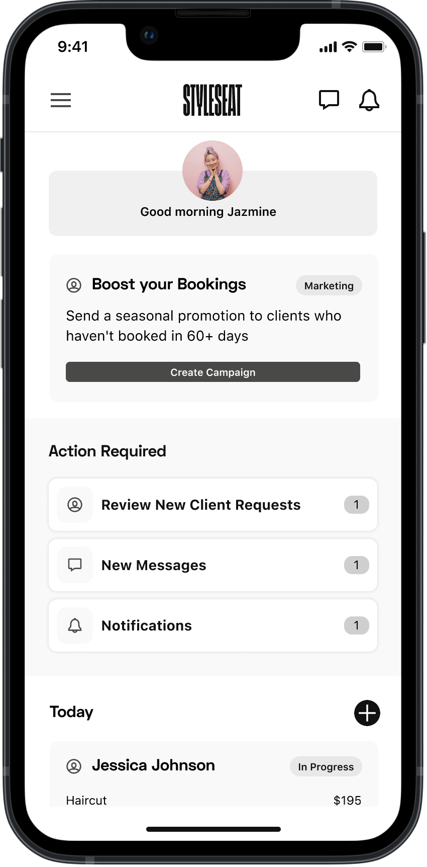 Mobile app screen displaying a dashboard with a profile picture of a smiling woman; greeting 'Good morning Jazmine'; options to boost bookings, review client requests, and view messages and notifications; and a schedule with a haircut appointment for Jessica Johnson.