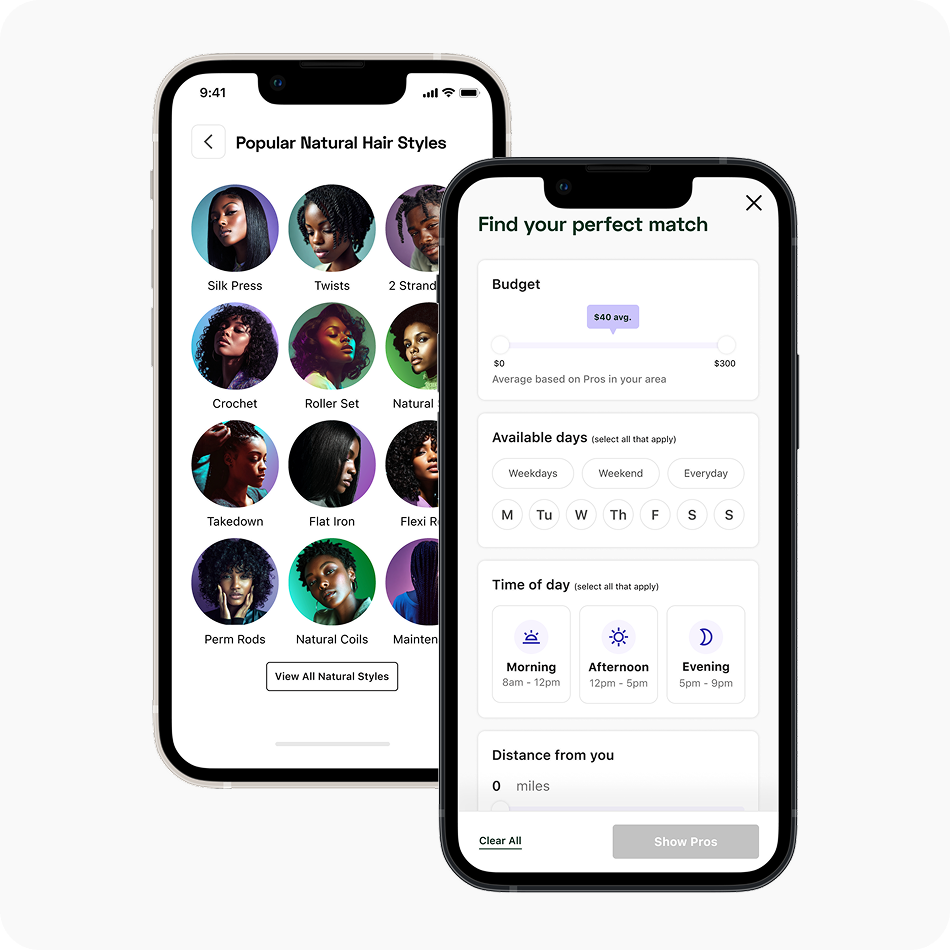 Two smartphones displaying a hair style selection app. The left phone shows various natural hair styles, and the right phone shows options for finding a match based on budget, available days, time of day, and distance.