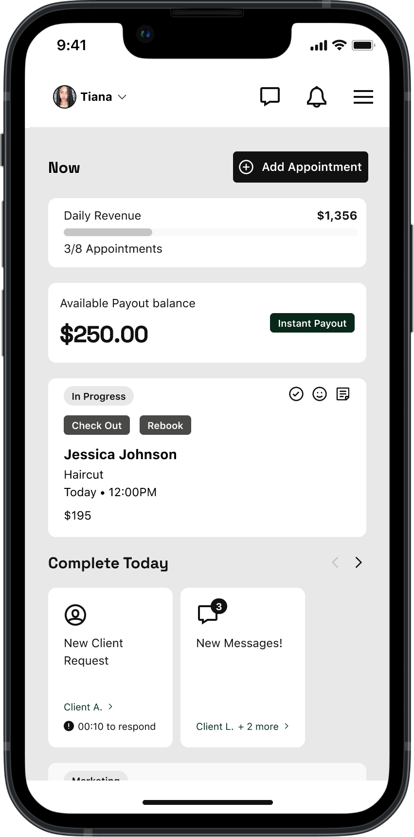 Screenshot of a business app displaying daily revenue, appointment stats, payout balance, and upcoming client appointments, with options to check out or rebook.