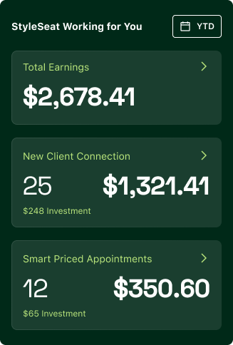 Mobile app dashboard displaying earnings and client connection stats, including total earnings of $2,678.41, 25 new client connections totaling $1,321.41, and 12 smart priced appointments amounting to $350.60.