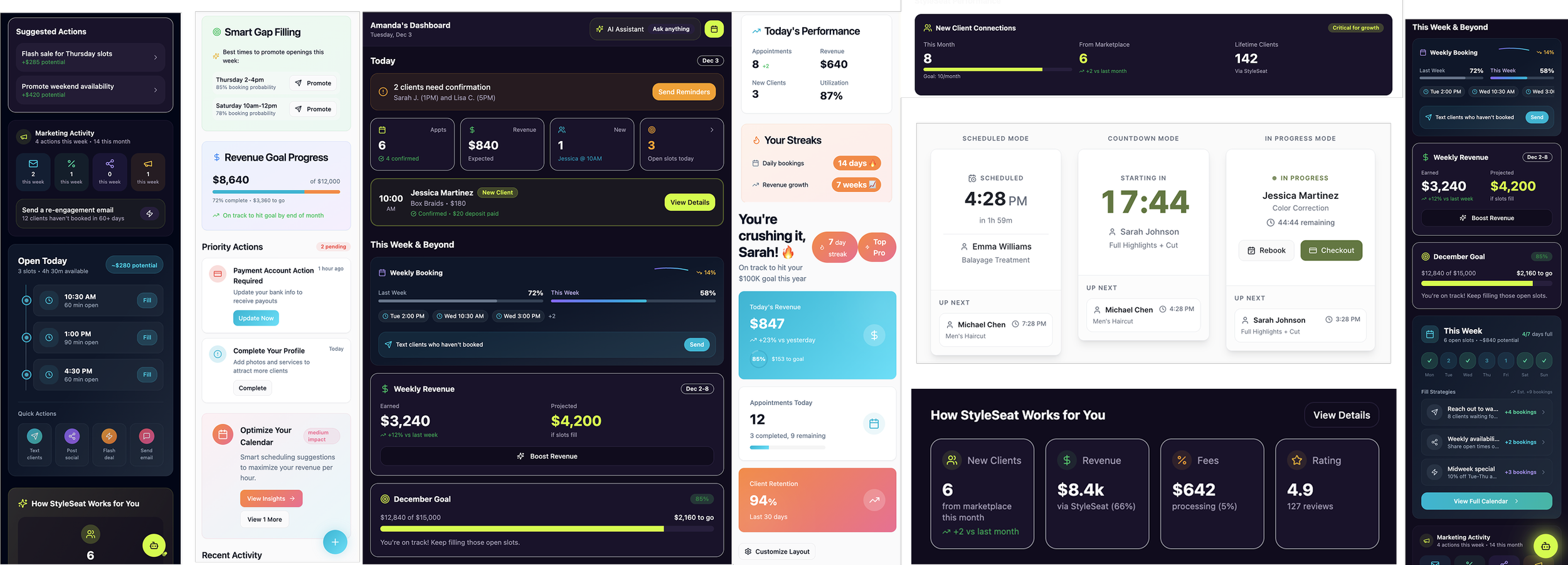 Multiple dashboard screens showing various analytics, client information, revenue figures, scheduling, and performance metrics in a digital workspace.