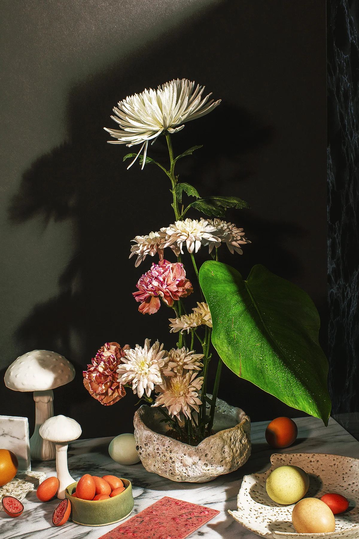 Beta 5 Chocolates, Simone Bodmer-Turner vessel, Janaki Larsen ceramics, Goldwing eggs, Blossom + Vine Co. florals