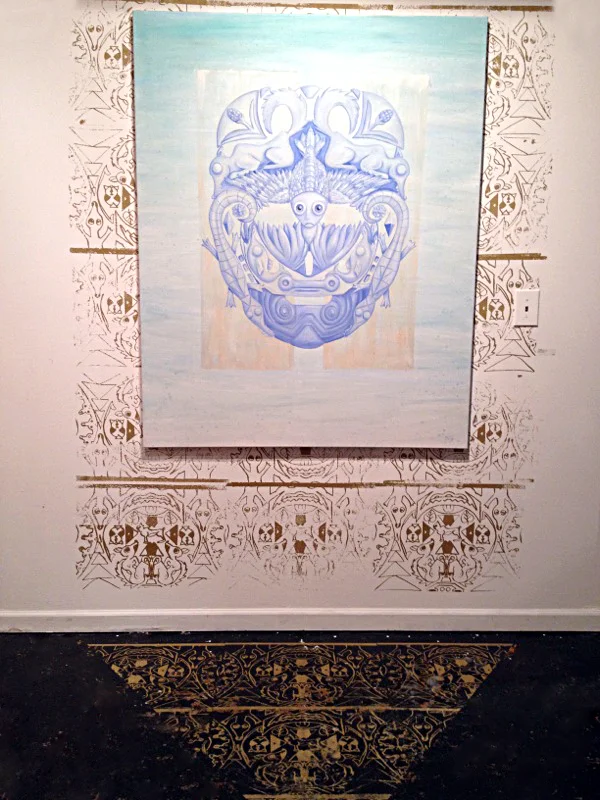 Instillation shot of Instinct mask at Ro2 arts group show, Paint. Instinct mask painting along with silk screened wall and floor. The show will be hanging from July 20 - Aug 18