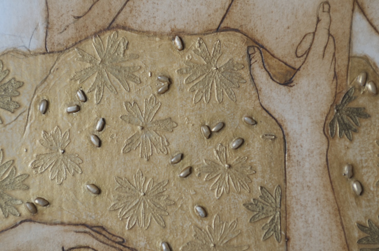 seeds, leaves and carving into board