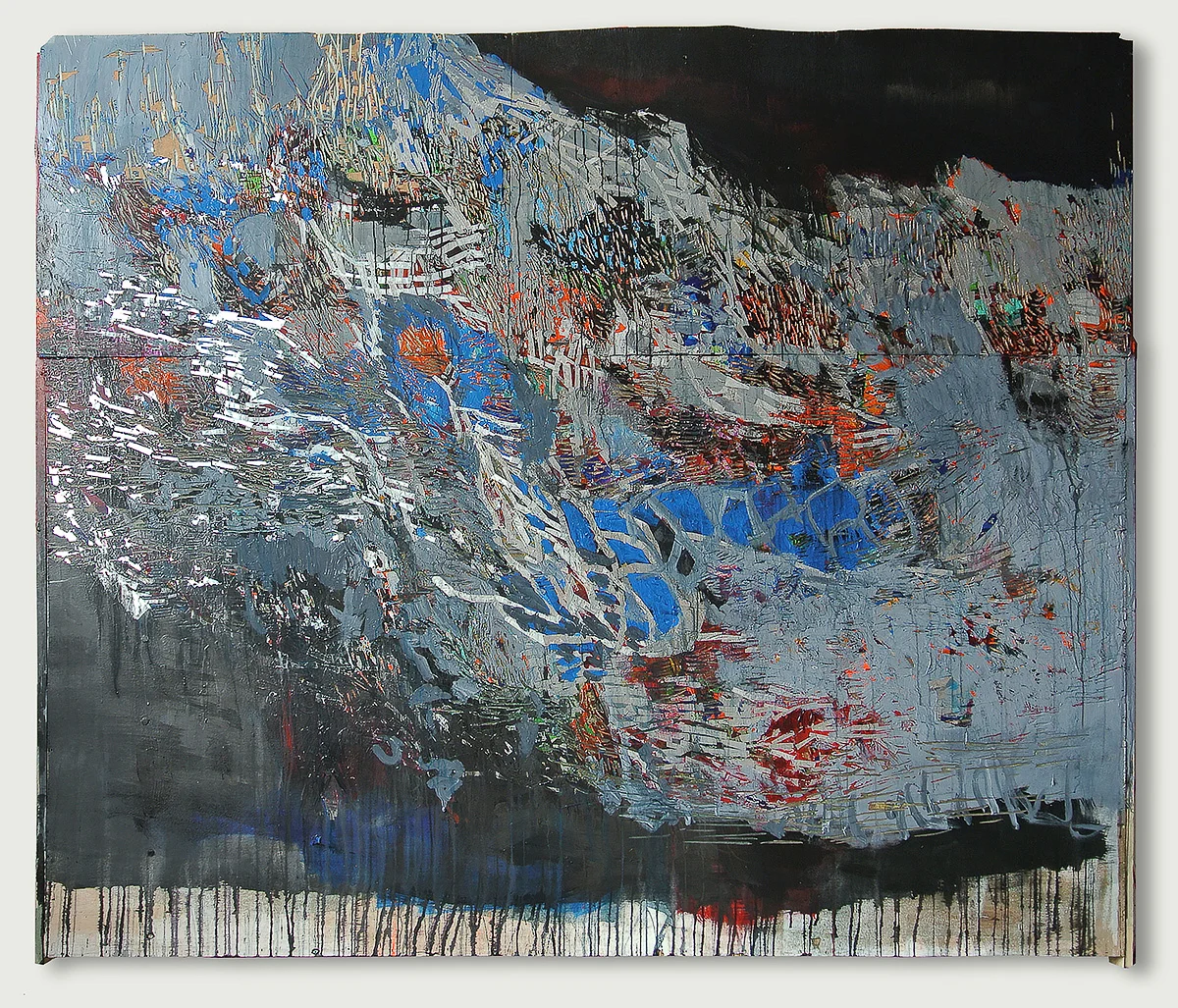 i m still here  ,        acrylic  collage  & carving  on wood 1.82 X 2.10 meters -2014