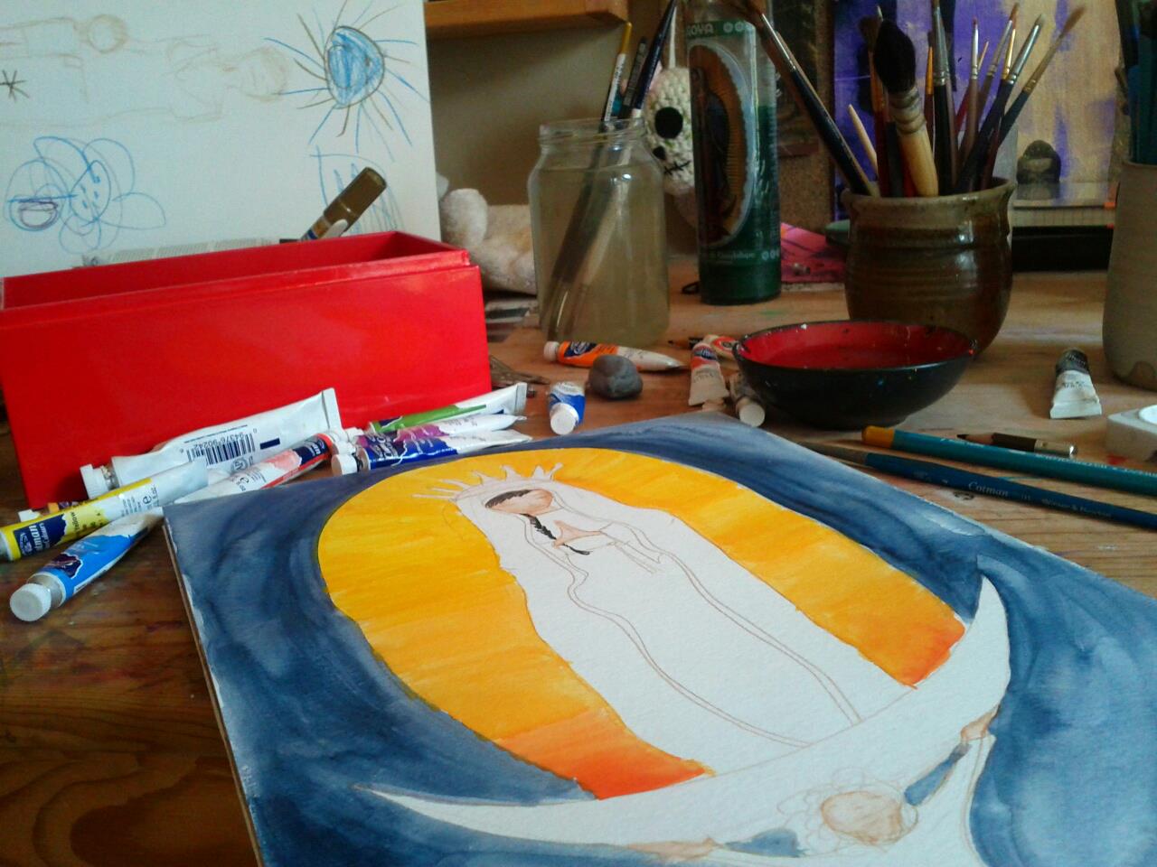 the Virgin of Guadalupe in progress.