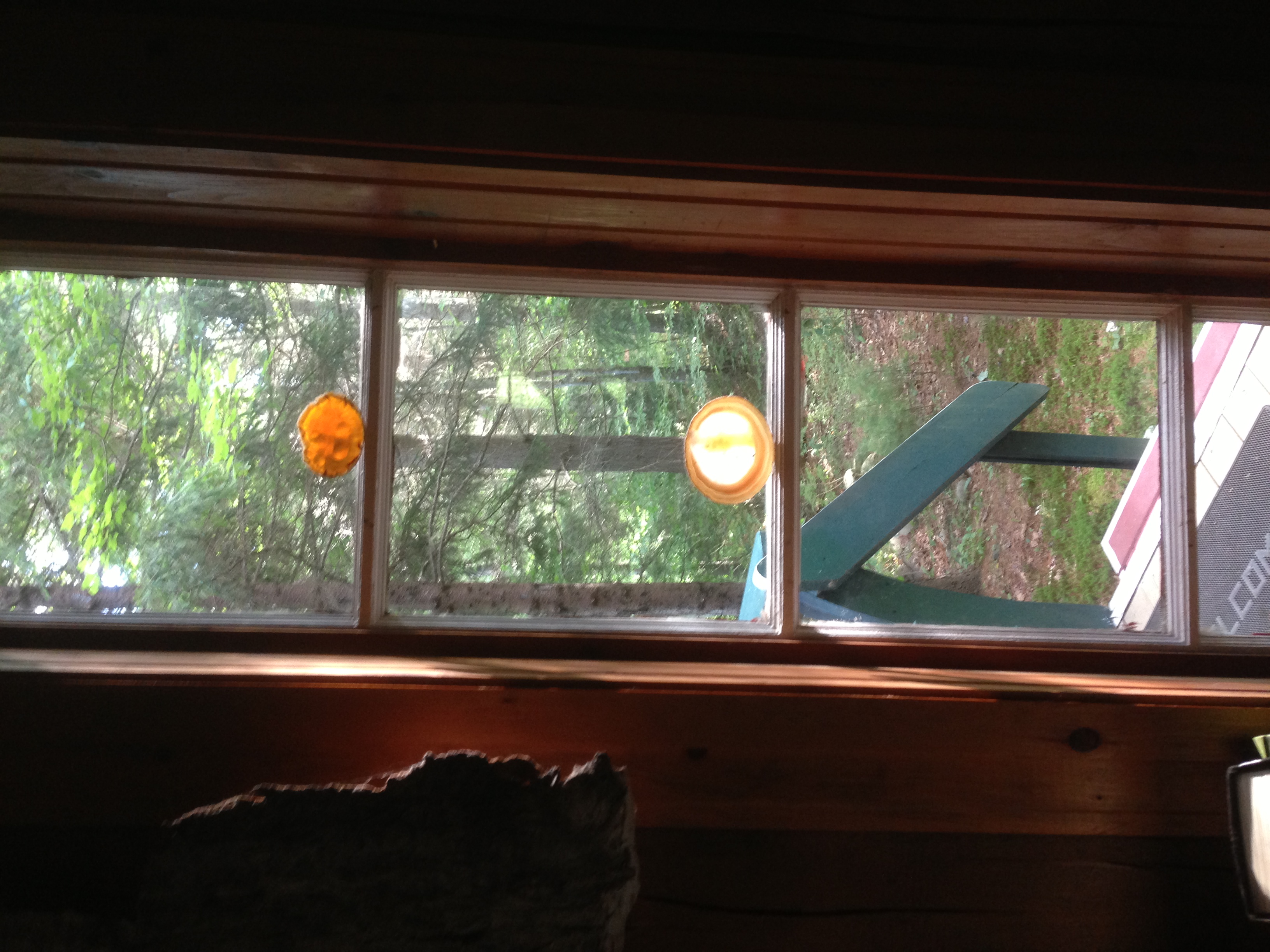 Agate slice in a window of the cabin we rented last summer. Agate slices beautifully show the translucency that defines agates.