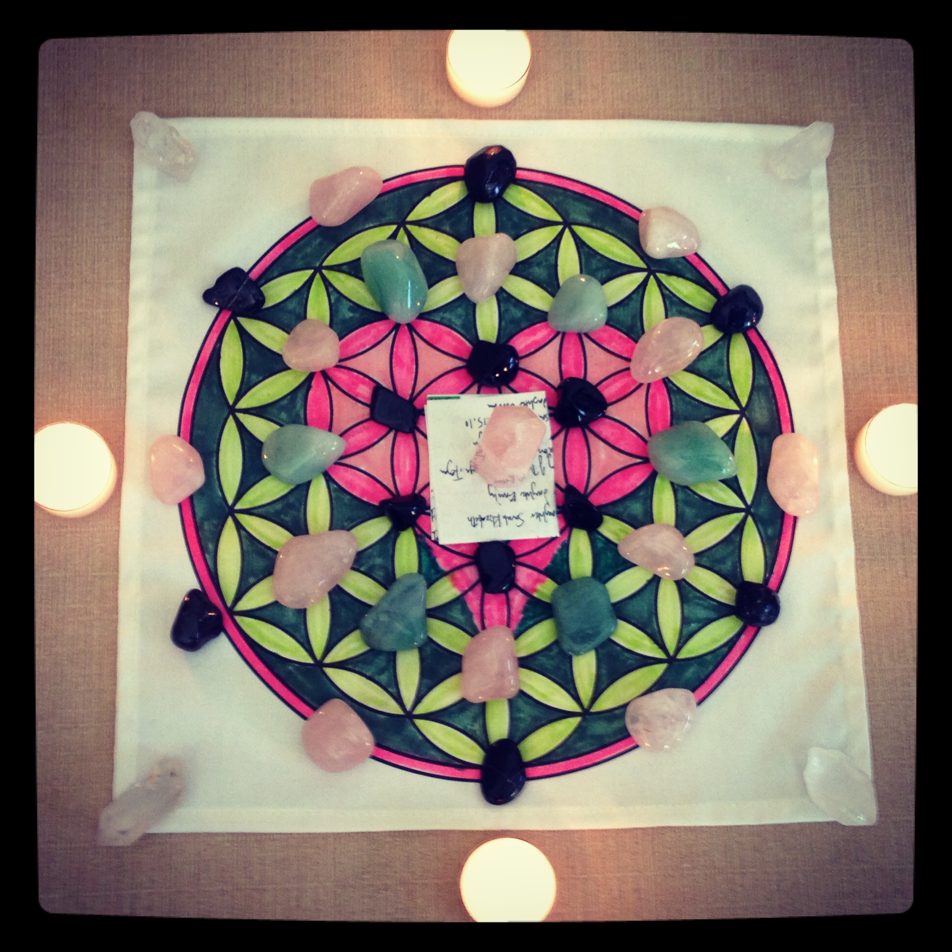 This grief grid was created for grieving parents on Kindness Day in 2013. It contains Rose Quartz, Green Aventurine, Dravite, and Apache Tears. Under the center stone contains the names of the parents and the child they lost. 