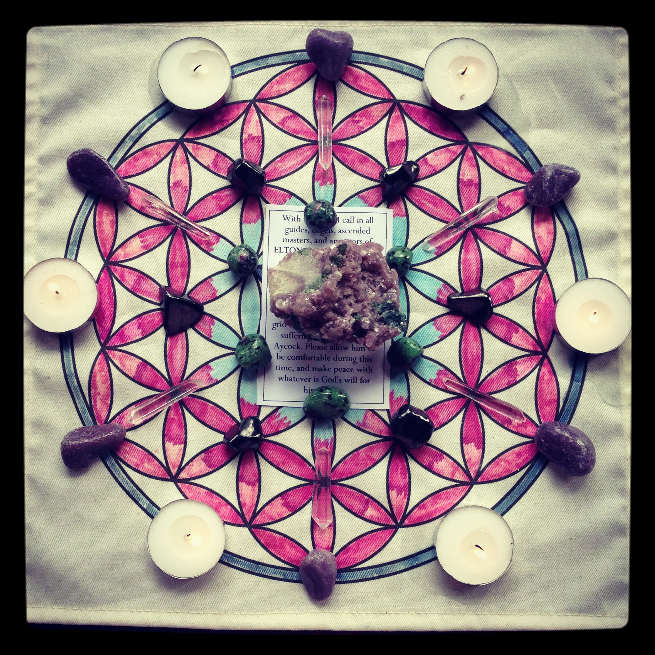  grid for cancer patient with ruby zoisite, shungite, smoky quartz, lepidolite and clear quartz. Lepidolite and green tourmaline in the center. 