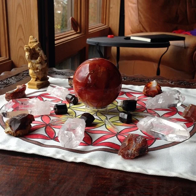 Creativity grid with carnelian, dravite, clear quartz, and of course my little Ganesha statue.