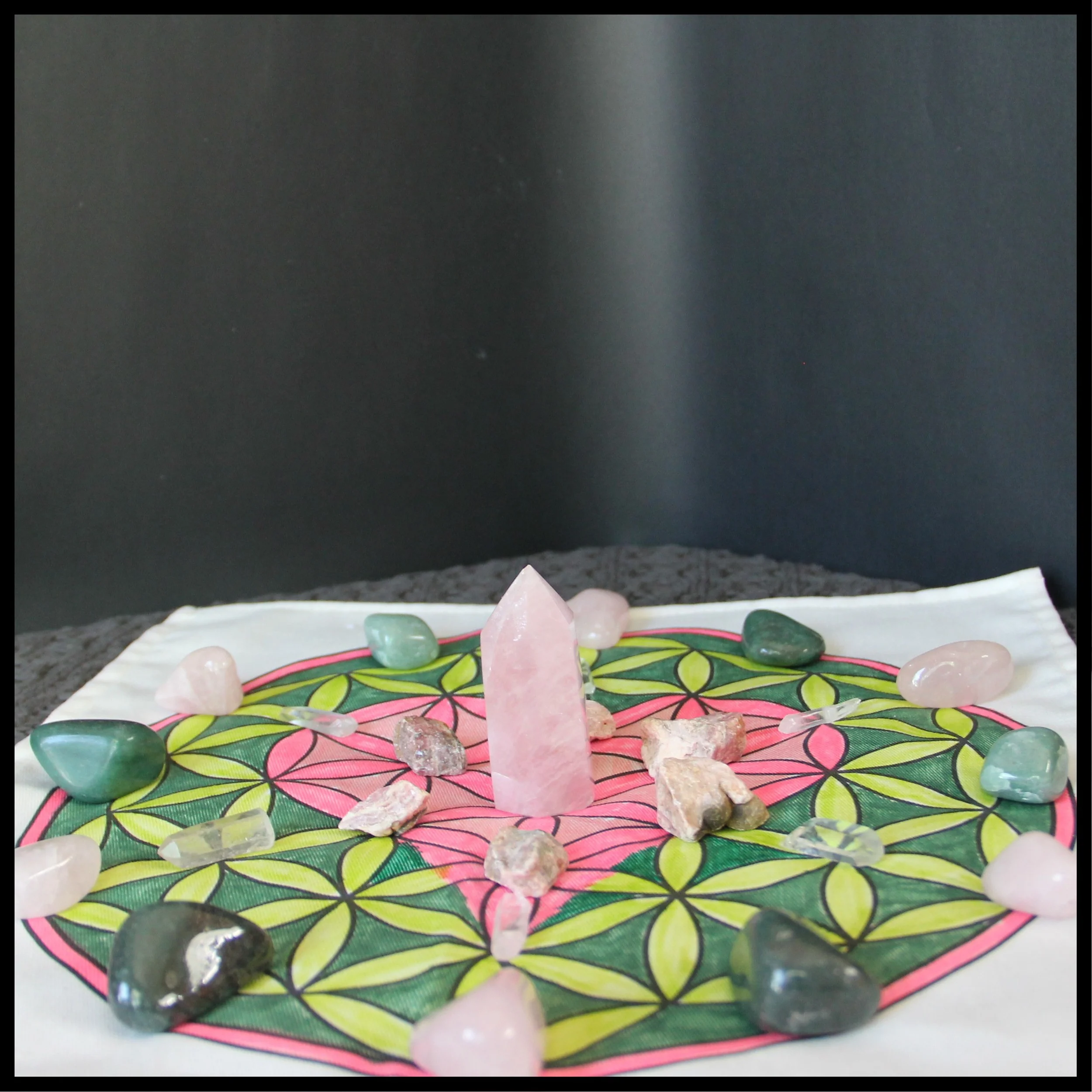  heart grid with rose quartz, rhodochrosite, and green aventurine. 