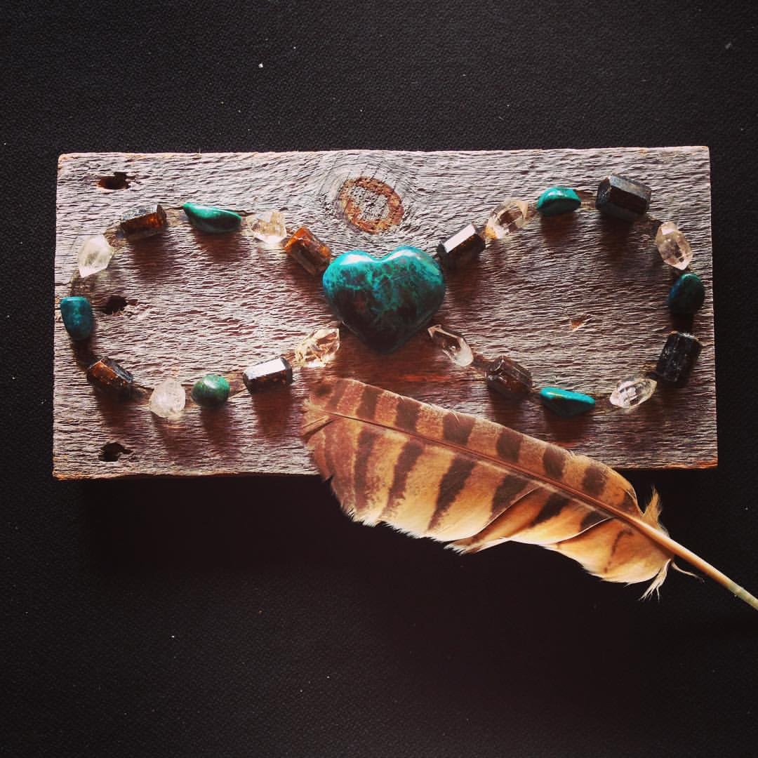  Infinity Grid with Chrysocolla, Dravite and Herkimer Diamonds and Owl Feather. 