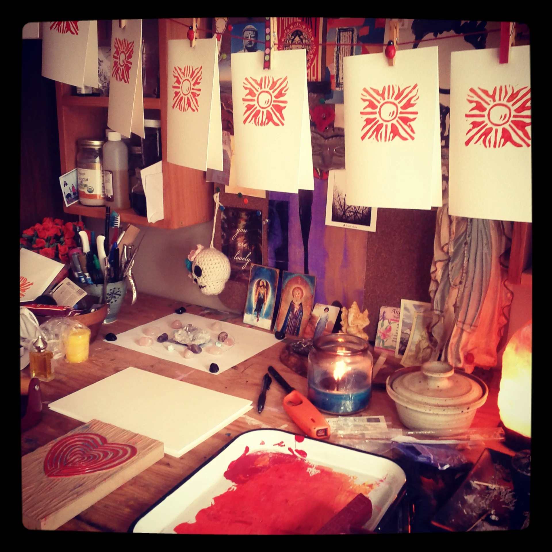 Lino printings of the Sun and the Heart Labyrinth, 2012