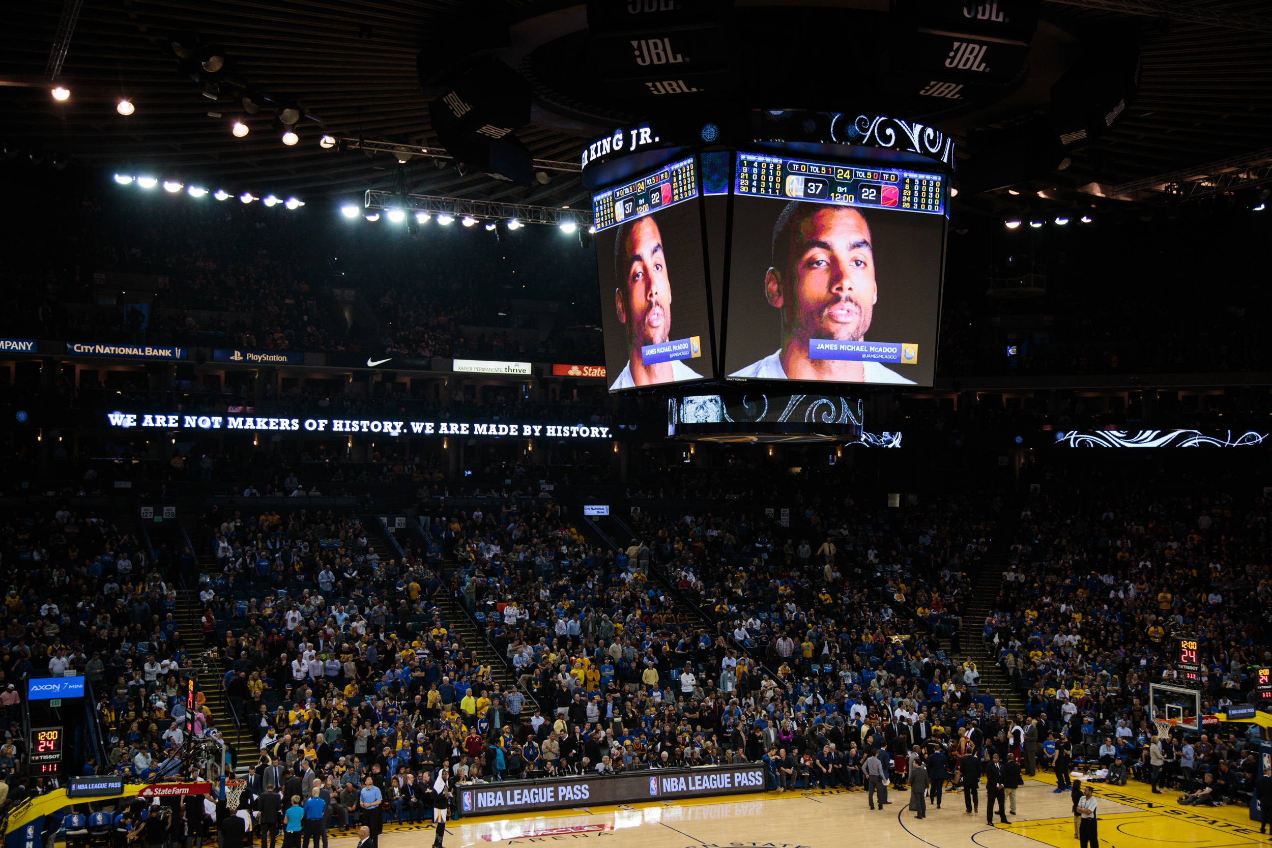  A video of McAdoo speaking about what MLK Jr. Day means to him is part of a video compiliation being shown on the Jumbotron during the game in honor of MLK Jr. Day. 