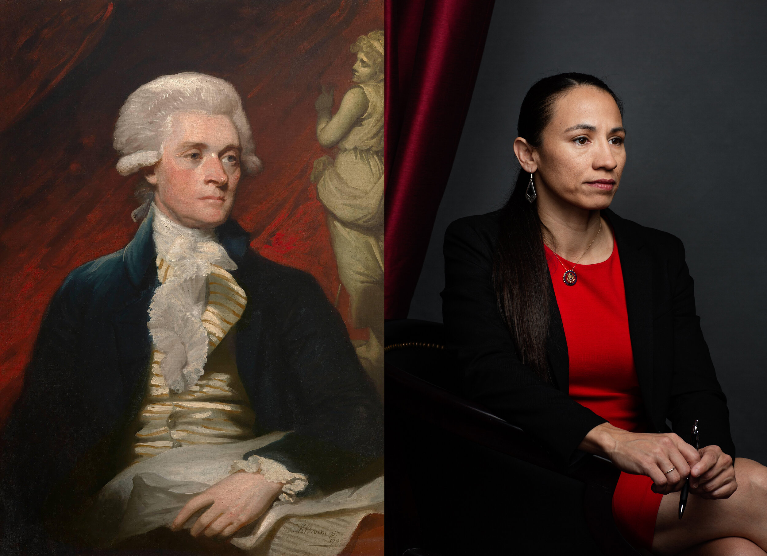  Thomas Jefferson, the 3rd president of the United States, painted by Mather Brown, and Sharice Davids (D-KS), representing Kansas’ 3rd congressional district, elected in 2018. During his presidency, Jefferson was the architect of numerous policies a