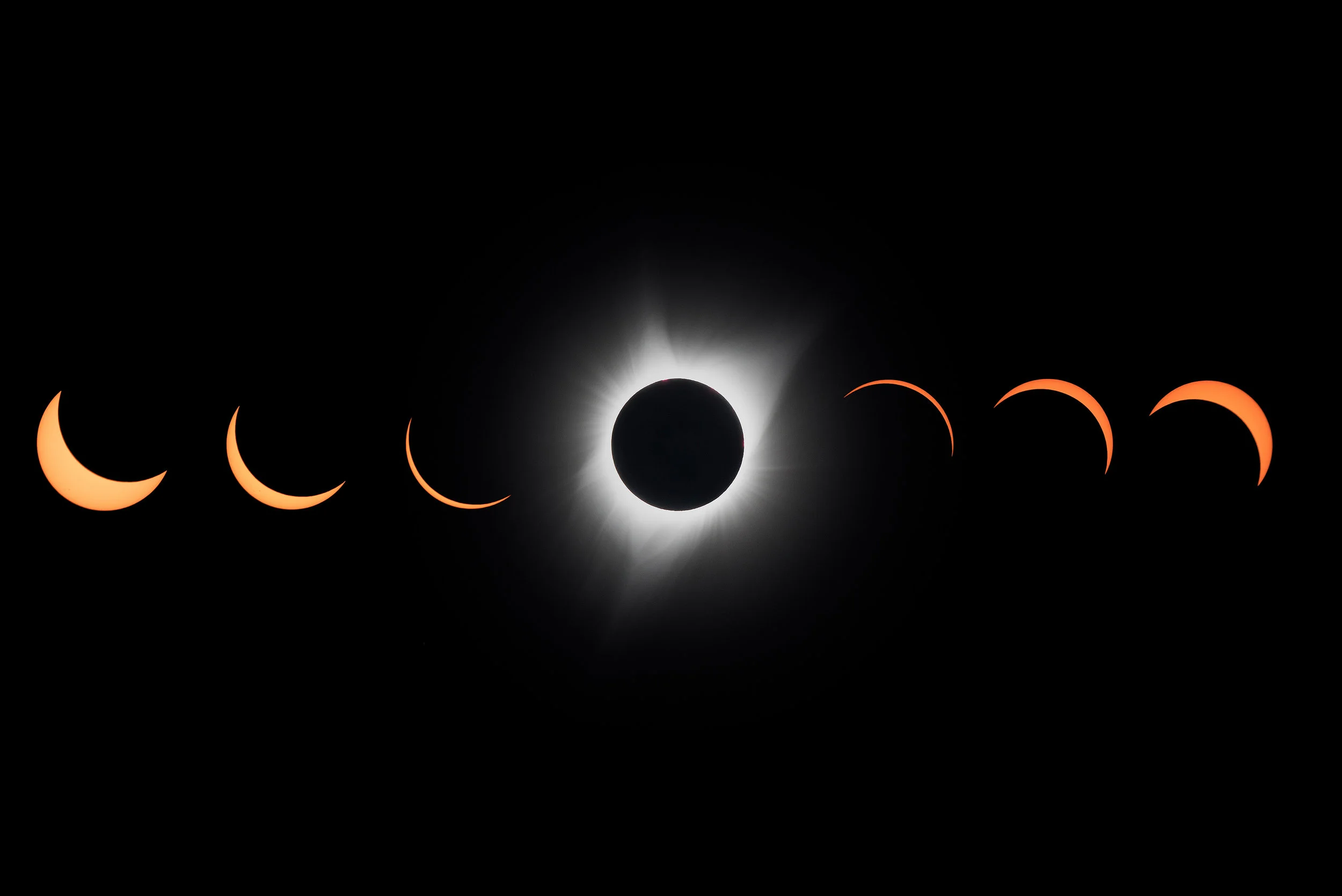 A composite photograph shows phases of the eclipse with the moment of totality revealing plasma surrounding the sun known as the corona.