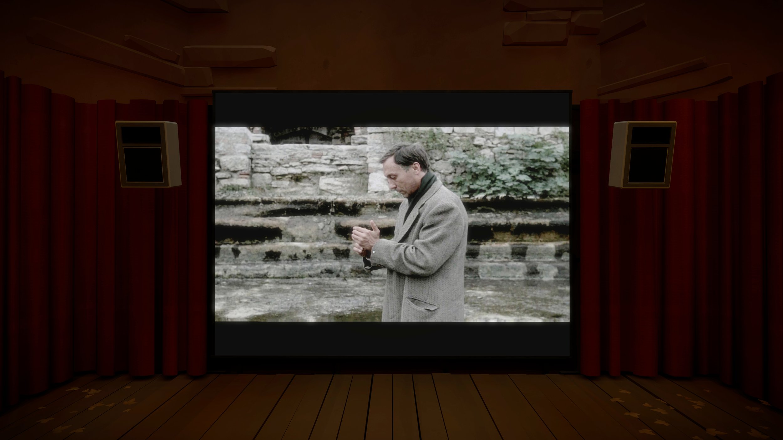 Figura 6. The Witness (2016). L’immagine mostra l’interno della sala teatrale, con la sequenza finale di Nostalghia in svolgimento. Screenshot da video (YouTube)