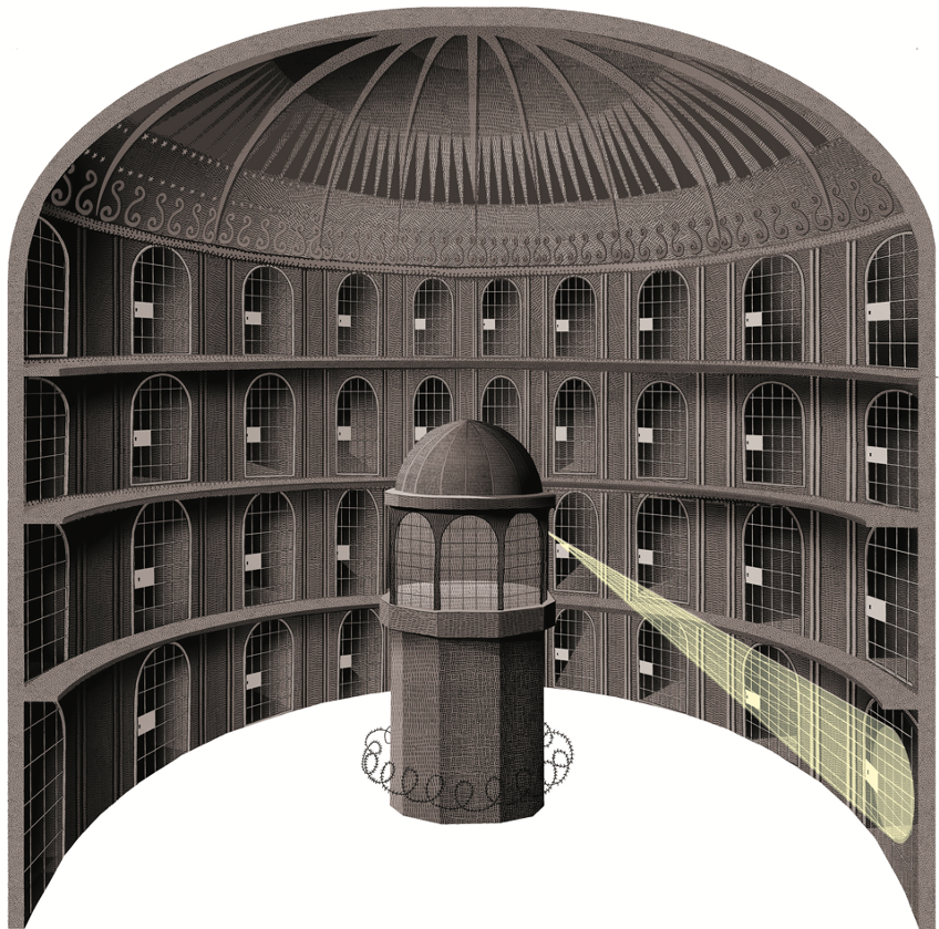 Figura 19. Adam Simpson, The Panopticon, 2013. Illustrazione che mostra l’architettura del Panopticon. Fonte: The New York Times. Copyright © 2020, Adam Simpson.