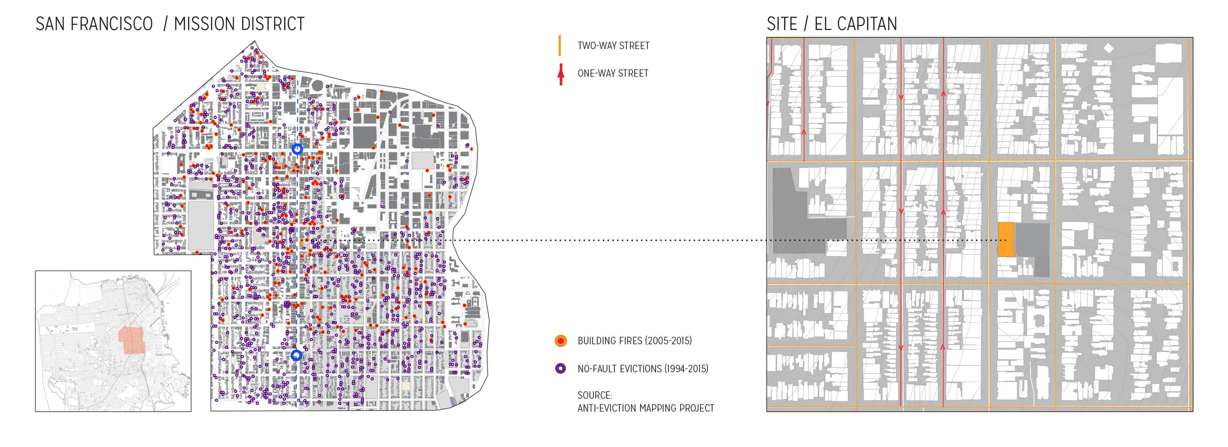A history of displacement: Mapping building fires and no-fault evictions in the Mission District. Data credit: http://www.antievictionmappingproject.net/fires.html Historic neighborhoods like the Mission District have become battlegrounds of cultural identity and gentrification. Low-income residents are vulnerable targets for displacement, while consequential existing buildings are under constant threat of demolition due to both deterioration and new construction. This critical situation has inspired the Kwan Henmi & DCI Team to challenge the current battle and propose an alternative path forward. PROPOSAL ‘Mission: Housing’ showcases mass timber products as a tool for alternative development, providing additional housing in the heart of the city without demolition of existing structures or displacement of existing residents. El Capitan Theater & Hotel, built in Mexican Baroque “Churrigueresque” style, is one of many exquisite historic resources falling into neglect whose ongoing viability is at risk. The original theater was demolished and used as a parking lot, while the hotel was converted into a Single Resident Occupancy (SRO). The opportunity and goal of this proposal is to build atop the existing structure with minimal intrusions to the existing structure and embrace the affordability aspect of its current use while reconnecting the site to the surrounding community.