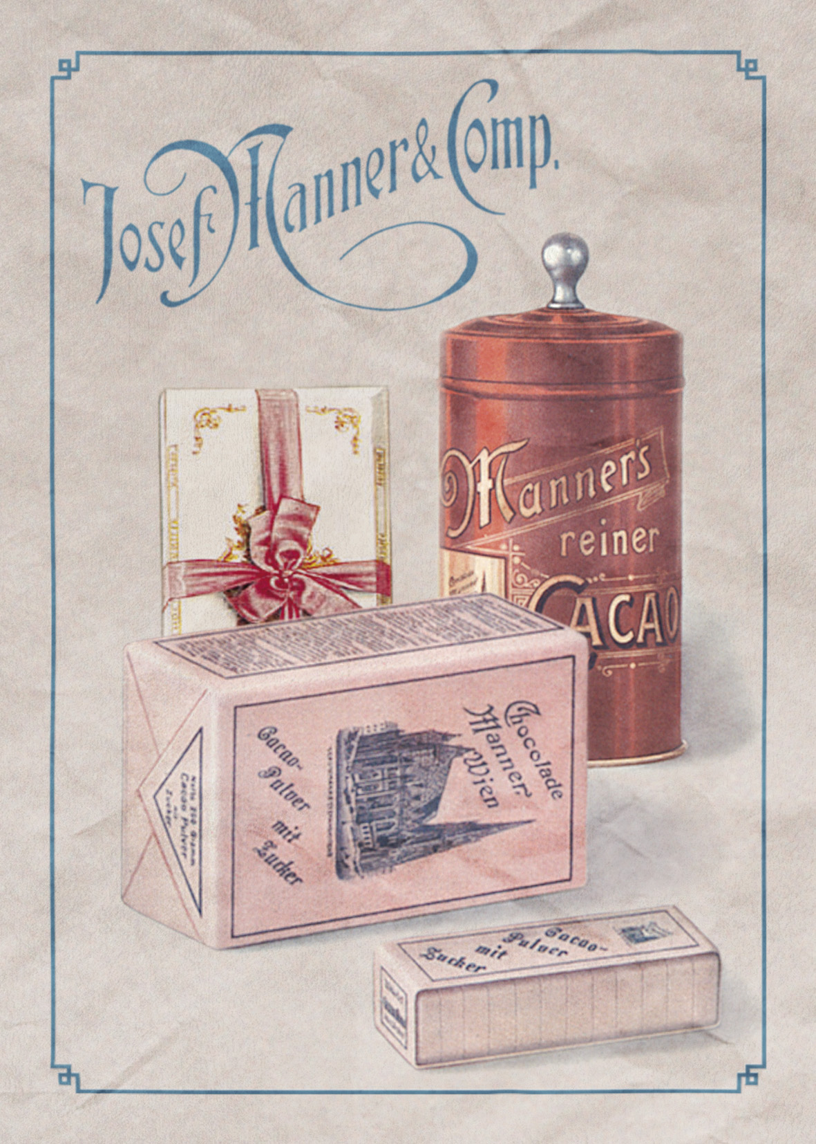 Manner ist seit 1898 berühmt für die Original Neapolitaner Schnitten mit Haselnusscreme. Werbeplakat mit Produkten. 