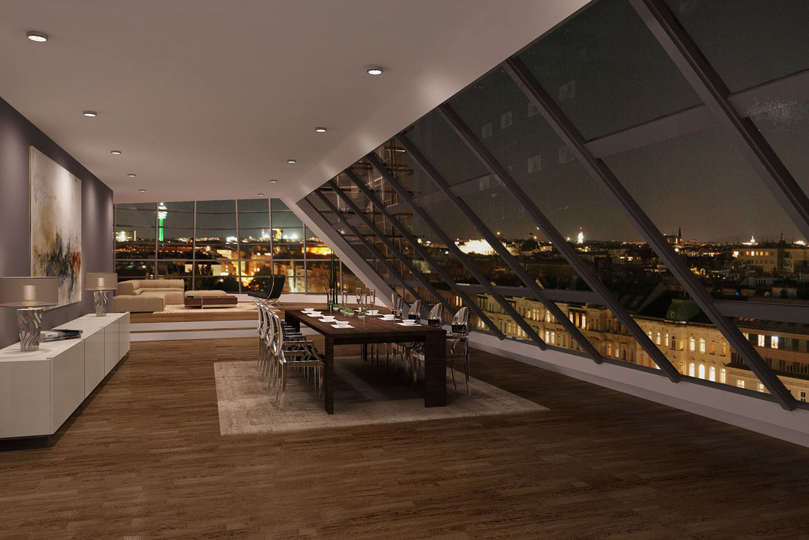 Luxus pu r . Vom Studio mit 40 m2 bis zum atemberaubenden Penthouse mit bis zu 250 m2, großteils mit großzügigen Balkonen und Terrassen und einzigartigem Blick über Wien.