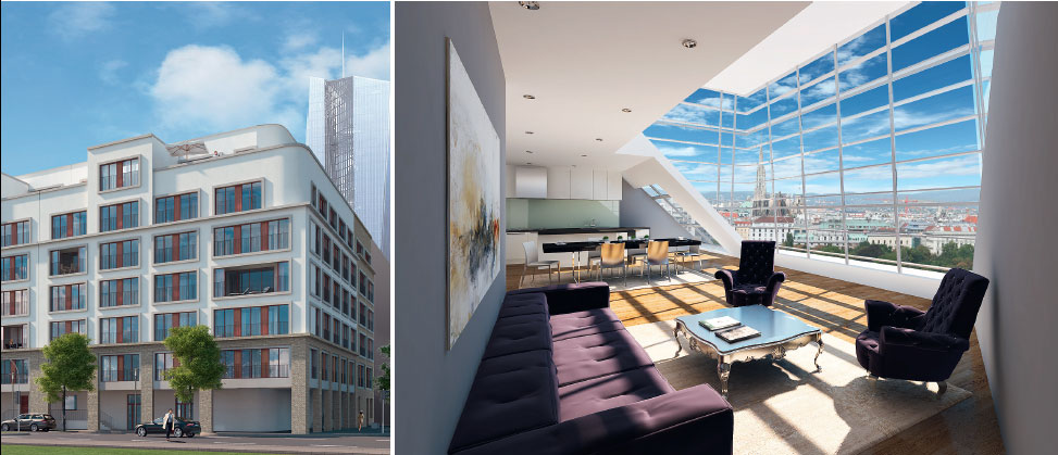 Gute Mischung bei 6B47: Hochwertiges Neubau-Mietprojekt im Frankfurter Stadtteil Sachsenhausen und luxuriöse Eigentumappartements im Wiener Beatrix Spa . Fotos © 6B47, Sans Souci Group, beigestellt