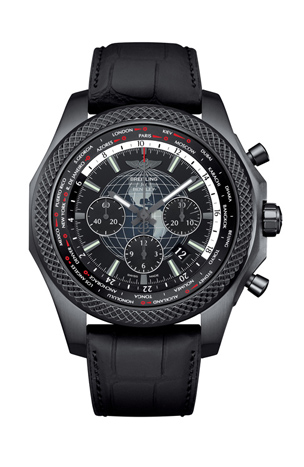 © Breitling BREITLING FOR BENTLEY B05 Unitime Midnight Carbon. Der Universalzeit-Chronograf Bentley B05 Unitime gibt mit einer neuen, nachtschwarzen Karosserie und einem neuartigen Armband aus Krokoleder und Kautschuk erneut Vollgas. Eine auf 500 Exemplare limitierte Serie mit Breitling-Manufakturkaliber überzeugt durch noch nie dagewesenen Benutzerkomfort. Die Bentley B05 Unitime ist und bleibt das kosmopolitischste Modell der Kollektion Breitling for Bentley und wurde für all jene entworfen, die Reisen zur Lebenskunst deklariert haben. Auf Stahl und Rotgold folgt nun eine limitierte Auflage mit Gehäuse in schwarz satiniertem Edelstahl dank einer hochresistenten Karbonbeschichtung, einem schwarzen Zifferblatt mit Reliefprägung und Weltkarte sowie einem brandneuen Armband mit Kautschuk innen und mattem Krokoleder aussen. Dieser Chronograf mit Universalzeit kombiniert Sportlichkeit mit Eleganz und wird durch ein innovatives Manufakturwerk mit einem doppelt patentierten Mechanismus zum Leben erweckt. www.breitlingforbentley.com www.breitling.com