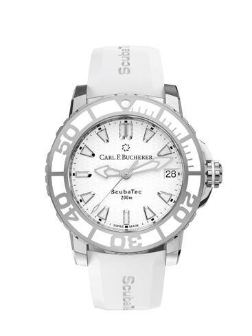 © Carl F. Bucherer CARL F. BUCHERER Patravi Scubatec White. Carl F. Bucherer bietet zum eleganten Abtauchen einen adäquaten Zeitmesser in neuem Look. Die Patravi ScubaTec vereint in idealer Weise Funktionalität, Sportlichkeit und Eleganz in einem 36-mm-Gehäuse. Die Eleganz wird noch unterstrichen durch die Farbe Weiss, die das Design der Uhr dominiert und diese zur stilsicheren Begleiterin nicht nur im kommenden Sommer macht. Weiss steht für zeitlose Eleganz und macht dieses Uhrenmodell zur stilsicheren Begleiterin zu Land und zu Wasser. www.carl-f-bucherer.com