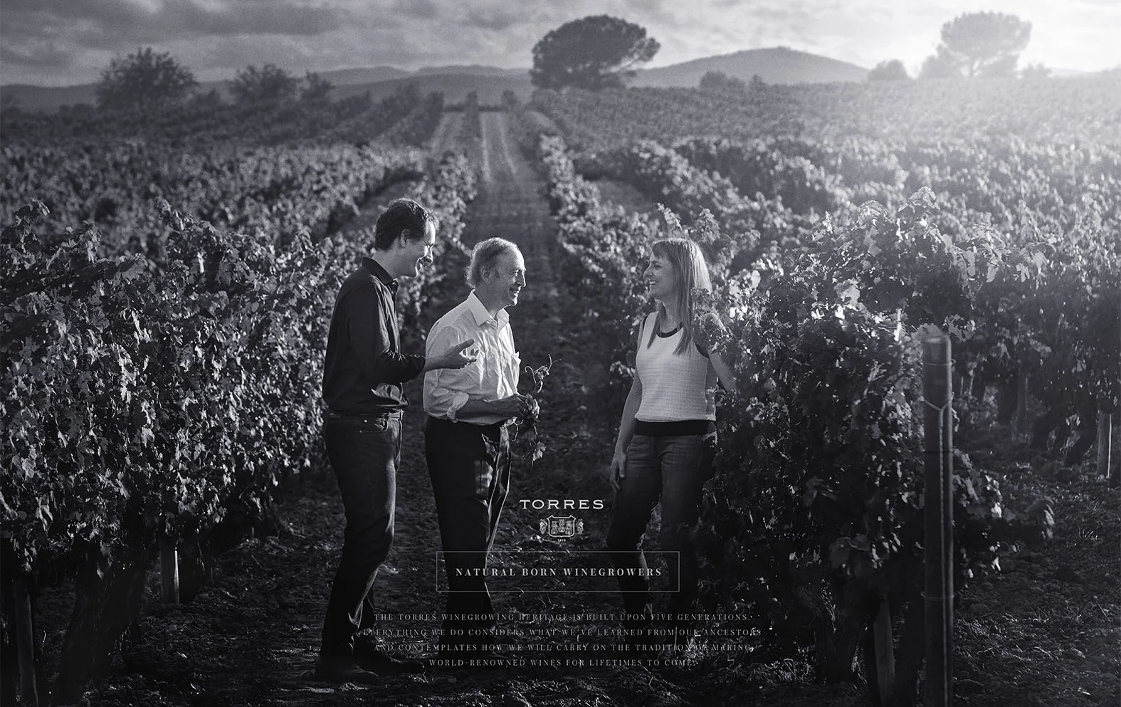  Client:  TORRES   Agency:  DAF ( Chile)  Worldwide campaign "Wine Growing Legacy"  Father, son and daughter from TORRES family.   Location:  Vilagranca del Penedès, Barcelona. 