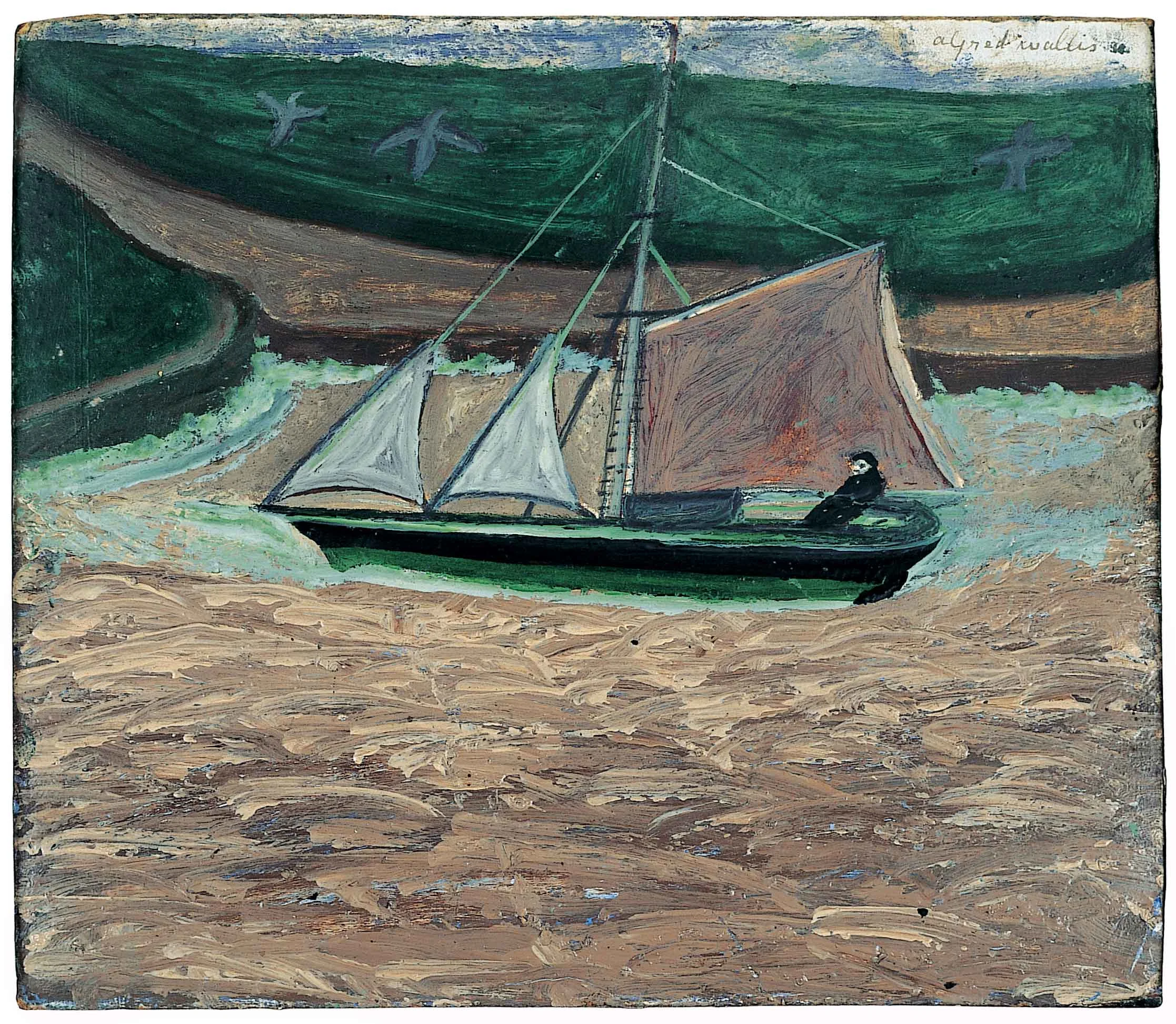 Alfred Wallis, Yacht, pink and green (recto) c. 1934-8 oil and pencil on card