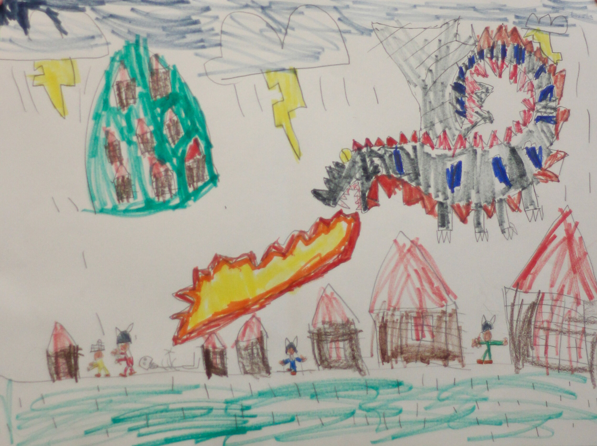 Dragon attack on a Viking village by Oskar Thompson age 5