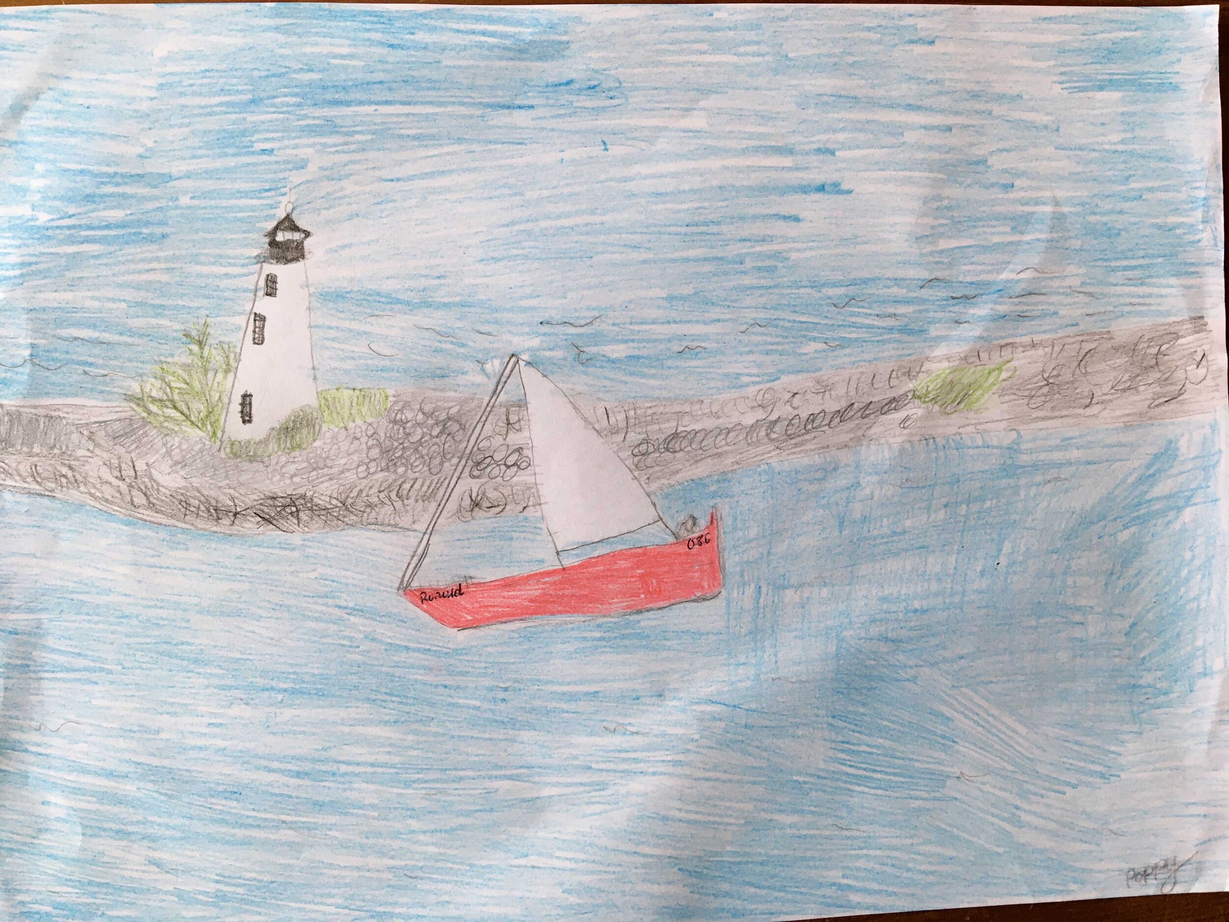 Lighthouse and Boat by Poppy Yule age 9