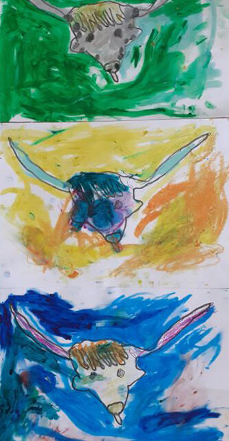 Oil pastel Pop Art Highland Cows by Elizabeth McQuaid age 8
