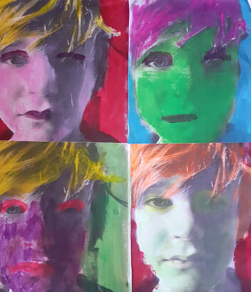 Self portrait in the style of Andy Warhol by Zander McQuaid age 8