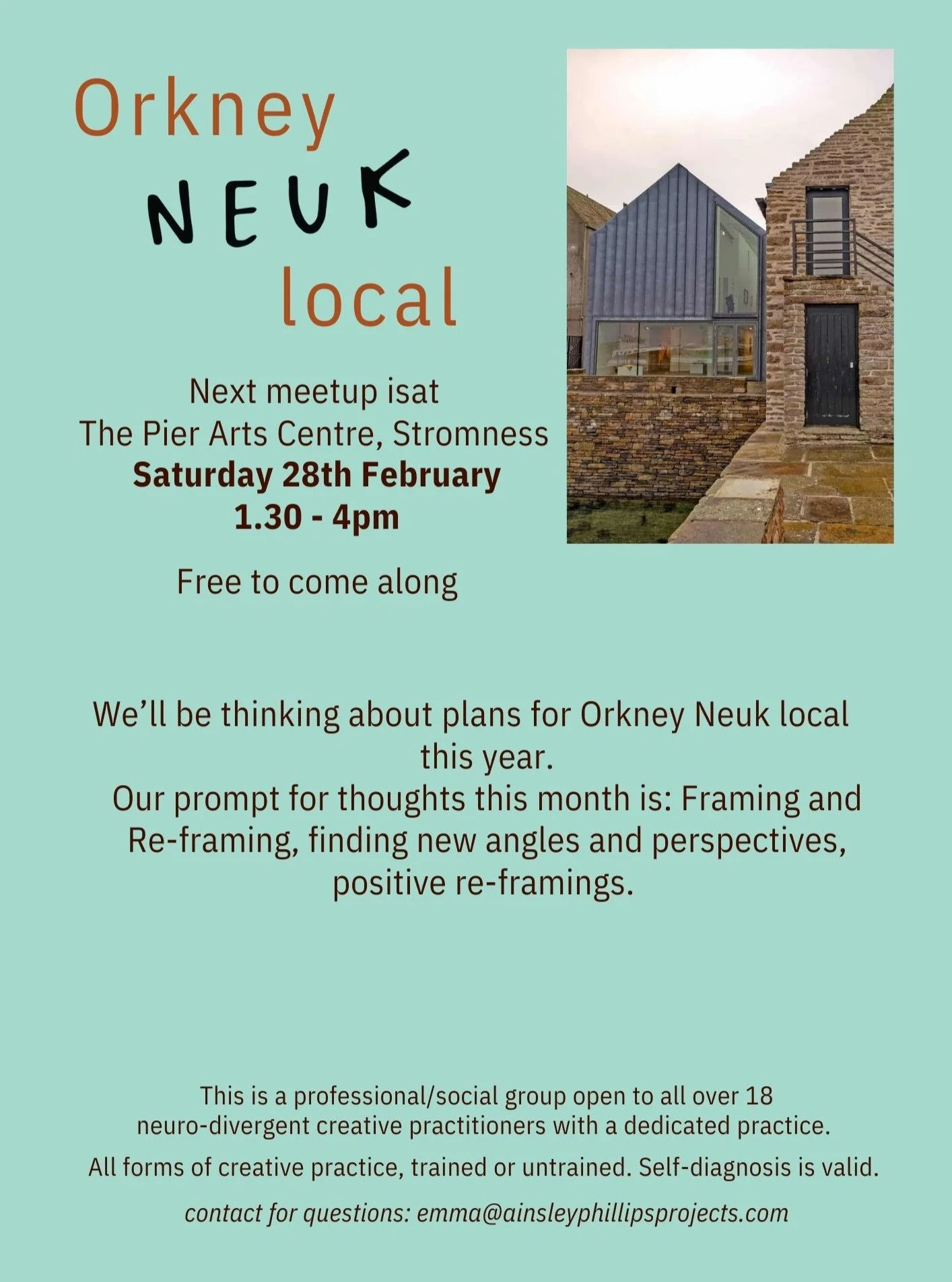 Join Orkney Neuk Local at the Pier Arts Centre, 1:30-4pm on Saturday 28th February for the next meet-up

Admission is free

#OrkneyNeukLocal #PierArtsCentre #neurodiversity
