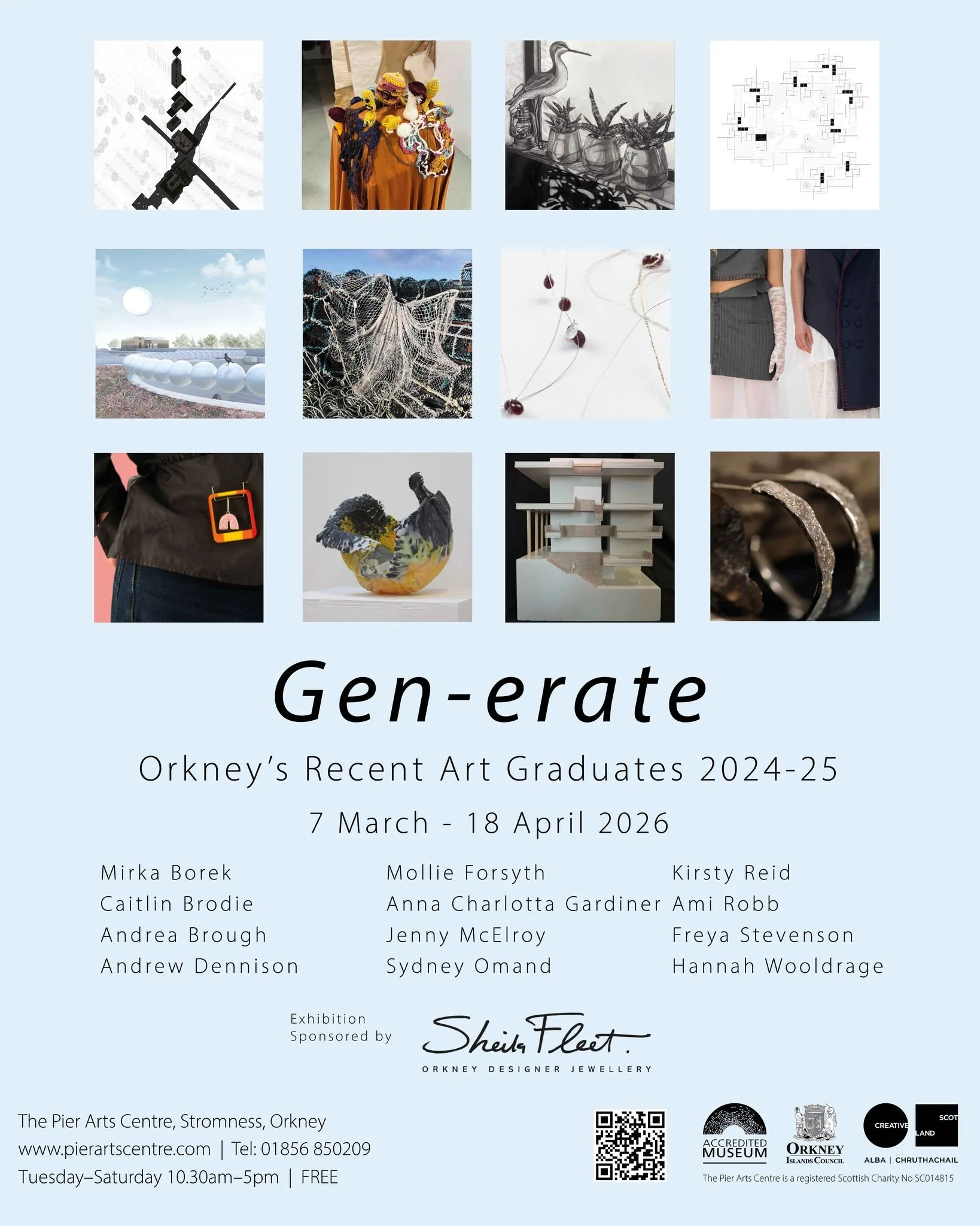 Gen-erate - Orkney's recent art graduates opens today

The exhibition includes the work of twelve emerging Orkney artists who have recently gained a degree in art or design subjects.

The artists are: 
Mirka Borek; Caitlin Brodie; Andrea Brough; Andr