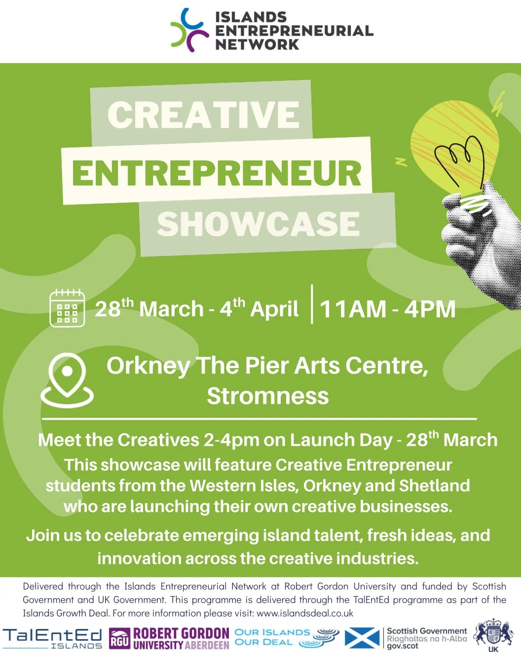 Discover the creativity, passion and innovation of emerging creative entrepreneurs from the Western Isles, Orkney and Shetland in the Creative Entrepreneur Showcase opening at the Pier Arts Centre tomorrow (Saturday 28 March) and is on display until 