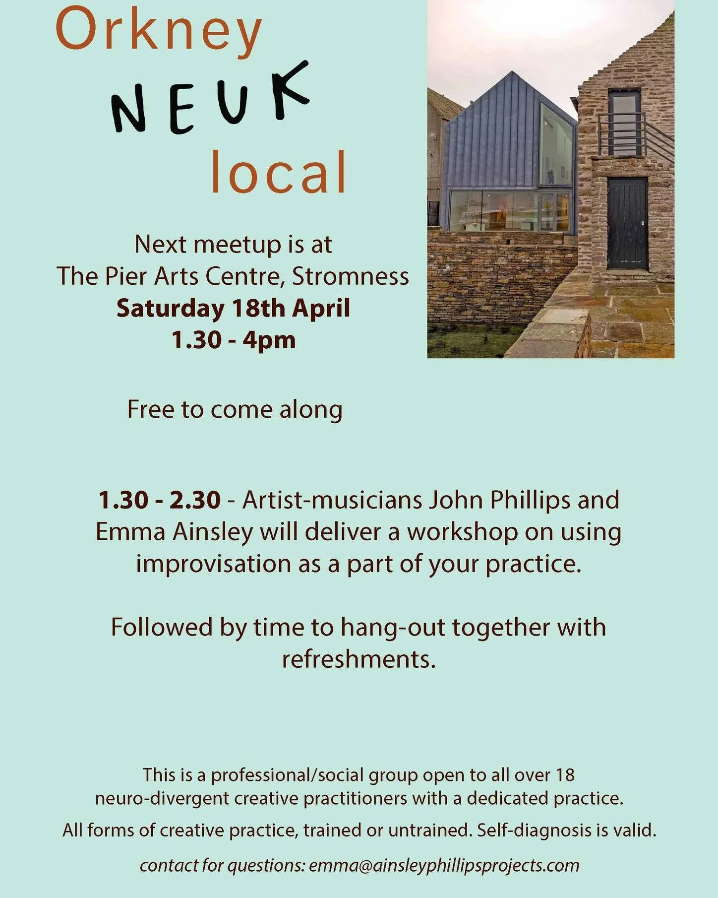 The next Orkney Neuk Local is on Saturday 18 April, 1:30-2:30pm at the Pier Arts Centre.

#Neukgroup #pierartscentre