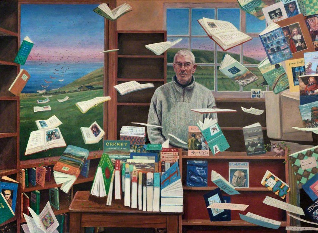 This week's @artukdotorg #OnlineArtExchange is about Murals to celebrate Art UK's murals digitisation project 

Not strictly speaking a mural, but The Bookseller of Stromness by Calum Morrison (b.1956)
at the Stromness Library is a large scale painti